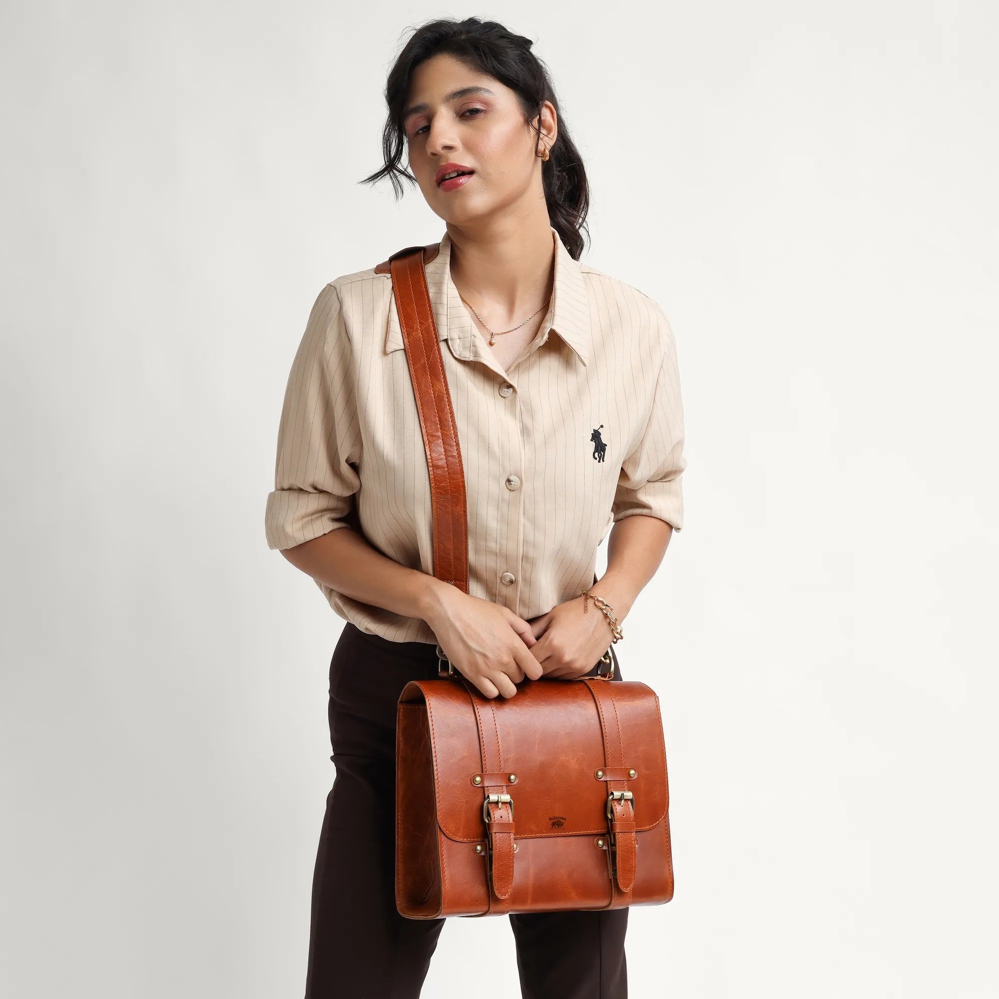 Tan Leather Messenger Bag – Full Grain Business Satchel for Women