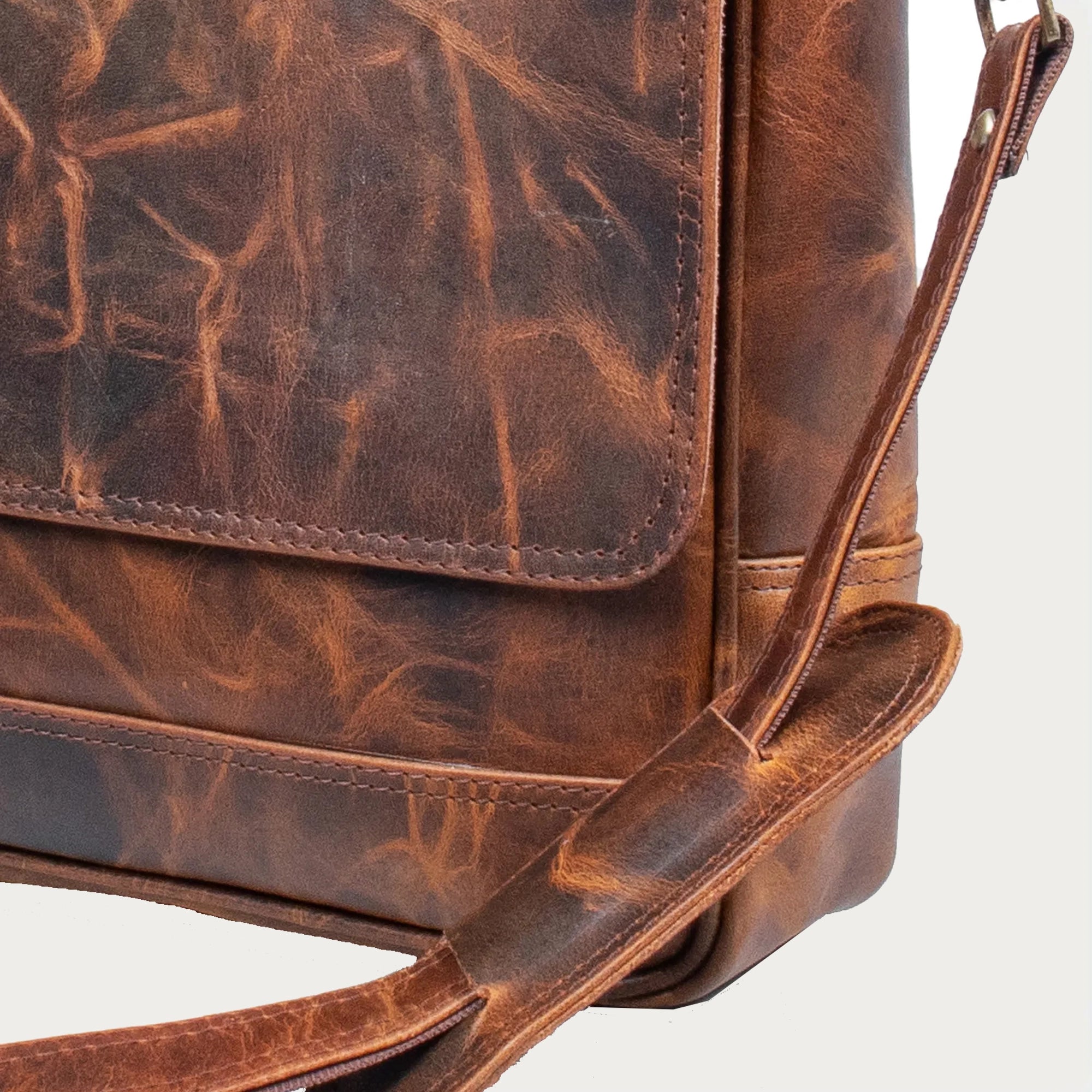 Distressed Brown Leather Laptop Bag – Full-Grain Cowhide with Flap-Over Closure, Top Handle & Shoulder Strap (14" / 16" / 18")