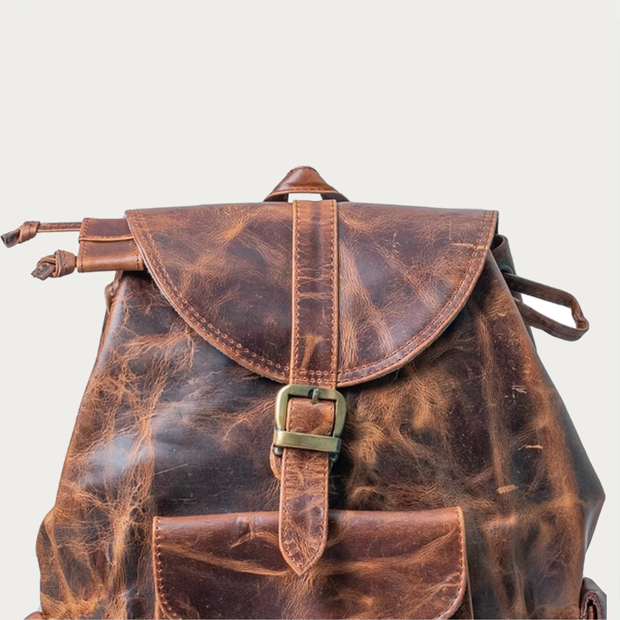 Distressed Brown Full-Grain Leather Backpack – Drawstring Rucksack with Buckle Flap, Laptop Sleeve & Side Pockets – Travel, Office, Gift