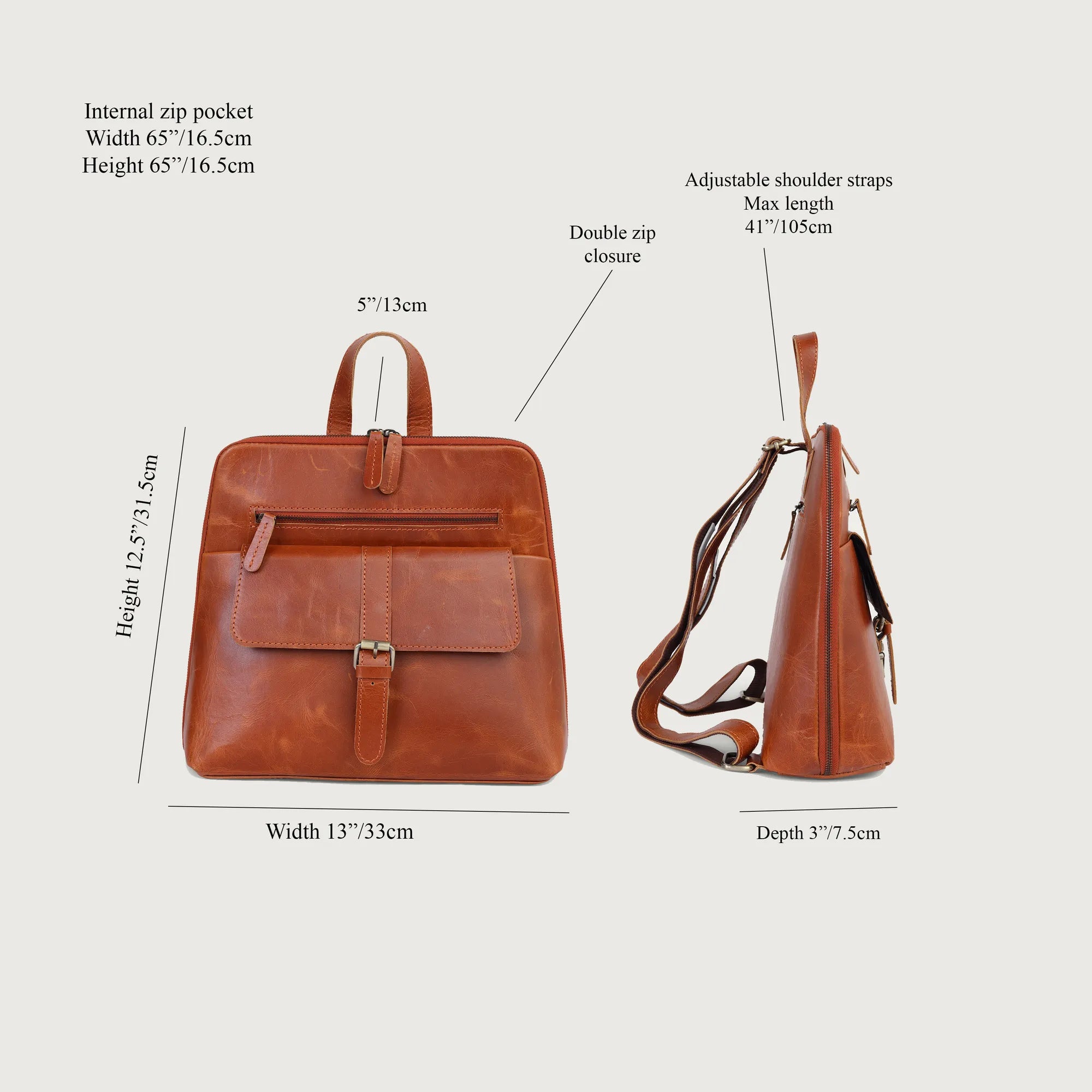 Tan Leather Backpack – Handmade Full Grain Minimalist Daypack for Women