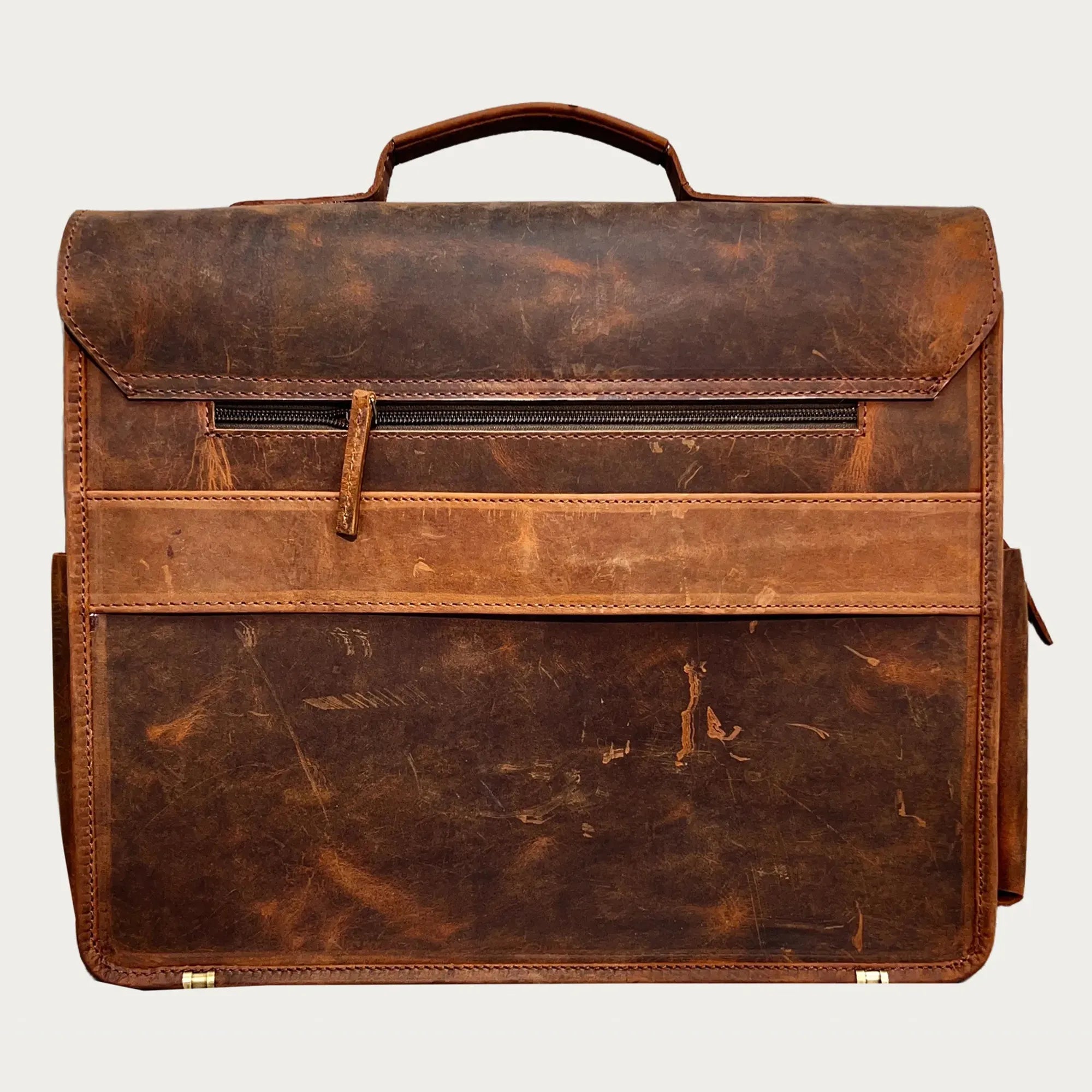 Distressed Leather Satchel Bag – Full-Grain Laptop Briefcase with Dual Buckle Pockets & Trolley Sleeve (14" / 16" / 18")