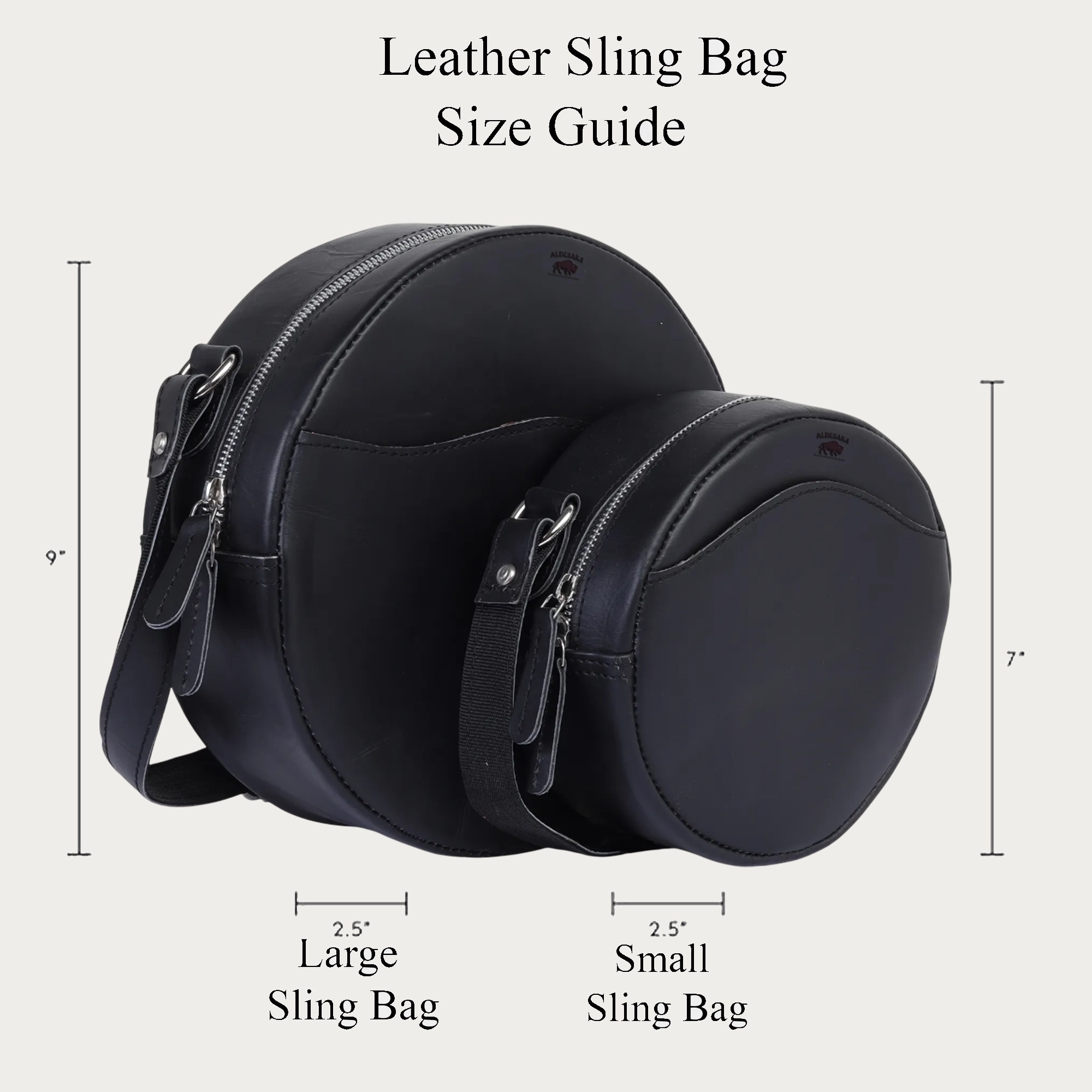 Round Black Leather Sling Bag – Full Grain Leather Crossbody Purse for Everyday Use (2 Sizes)