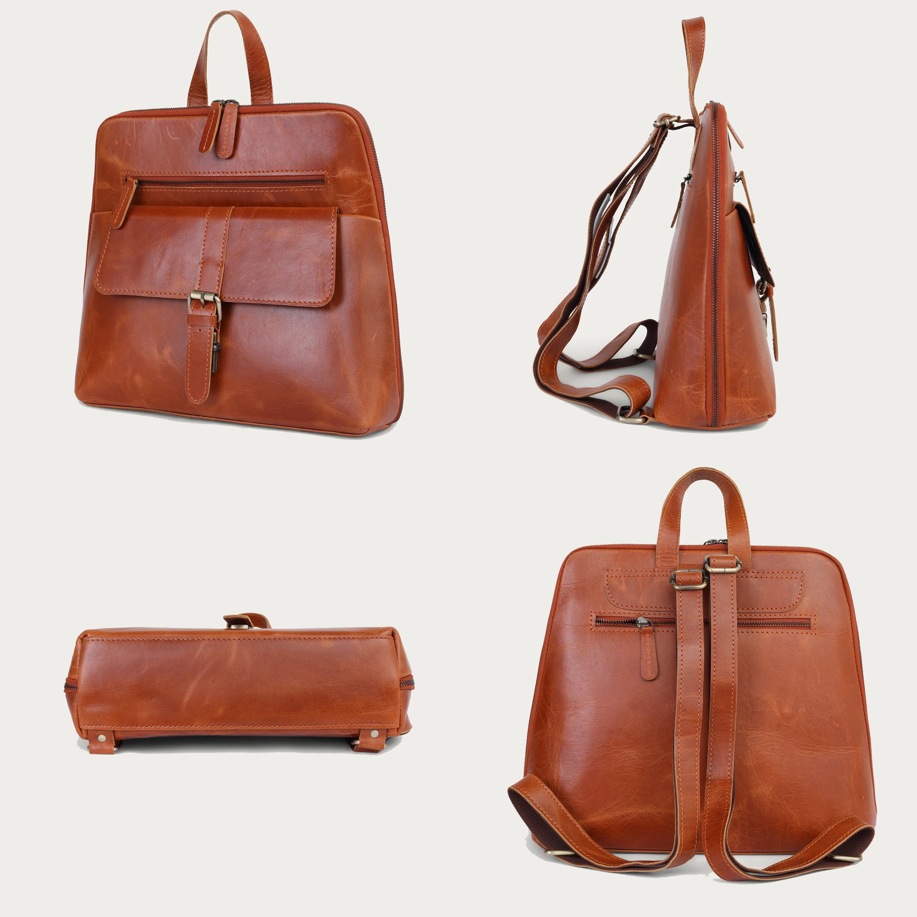 Tan Leather Backpack – Handmade Full Grain Minimalist Daypack for Women