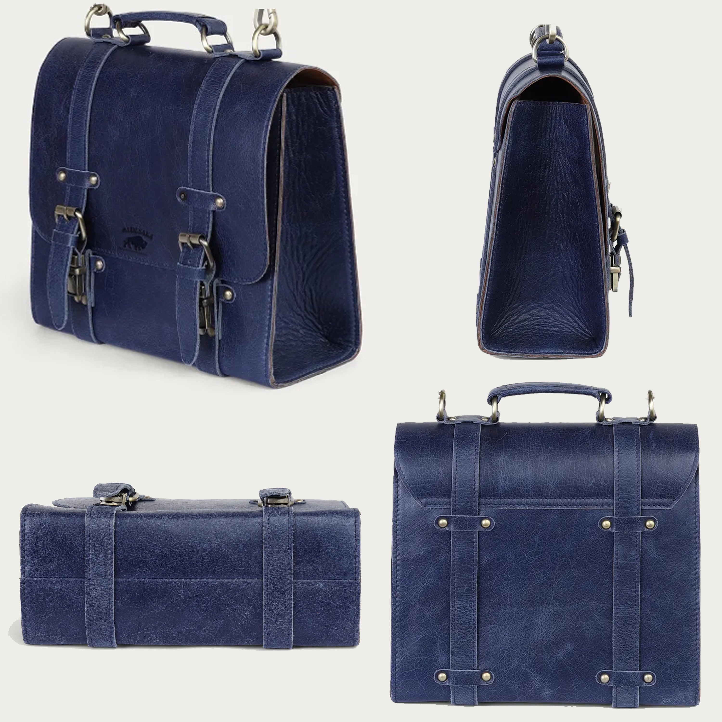 Navy Blue Full-Grain Leather Satchel Bag – Handcrafted Professional Messenger for Work & Legacy