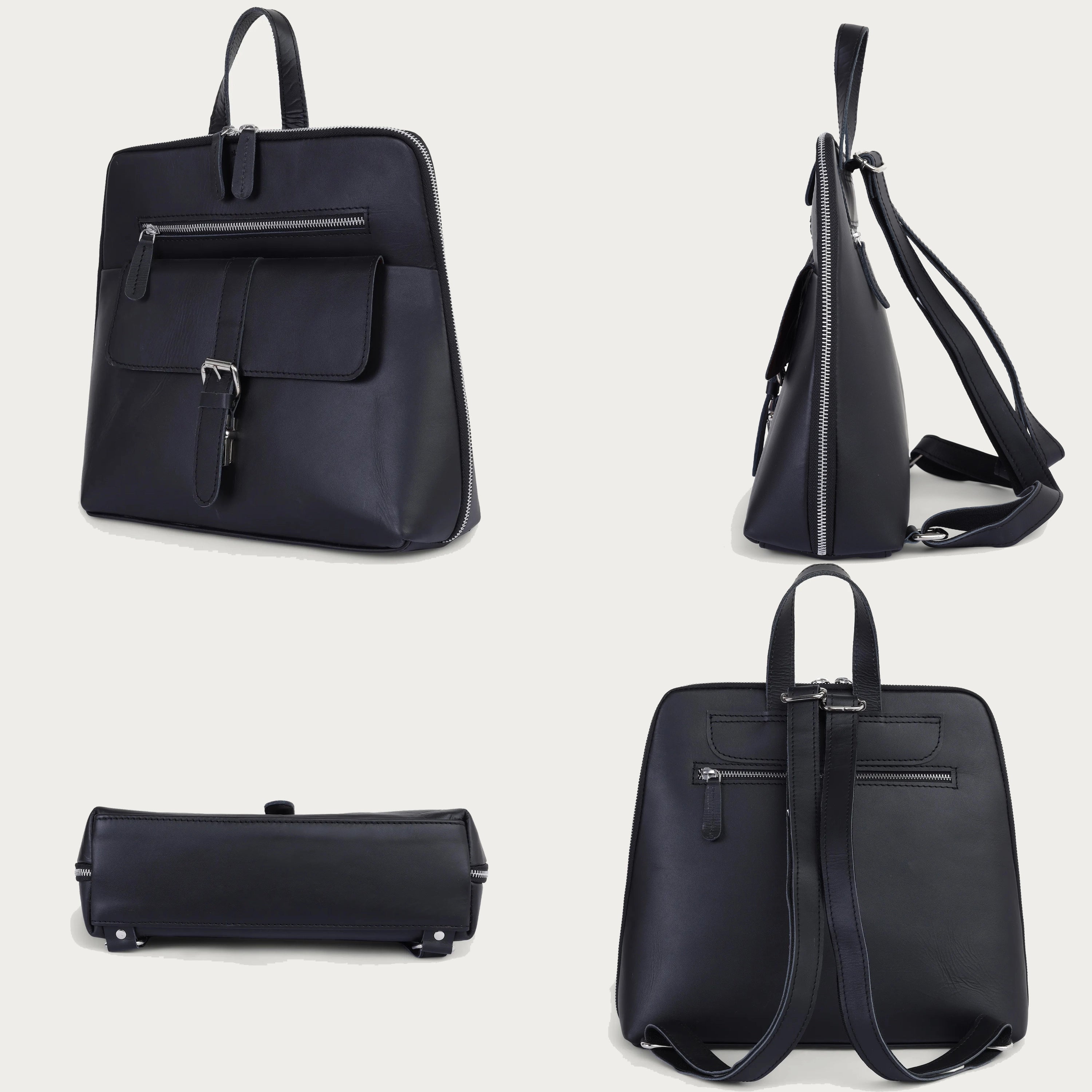 Black Leather Backpack – Handmade Full Grain Leather Daypack for Women