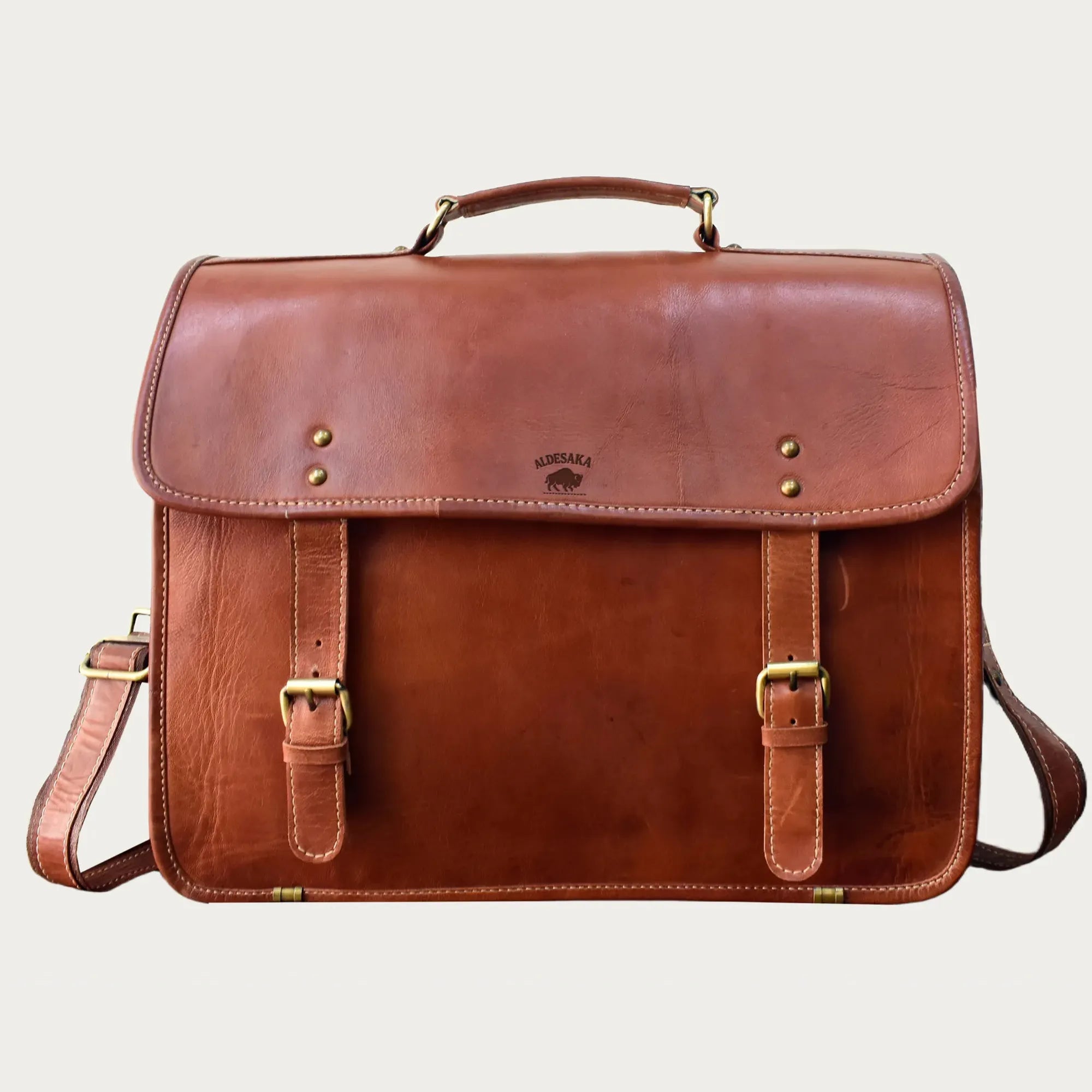 Cognac Leather Laptop Messenger Bag – Full-Grain Briefcase with Snap Lock & Trolley Sleeve (14" / 16" / 18")