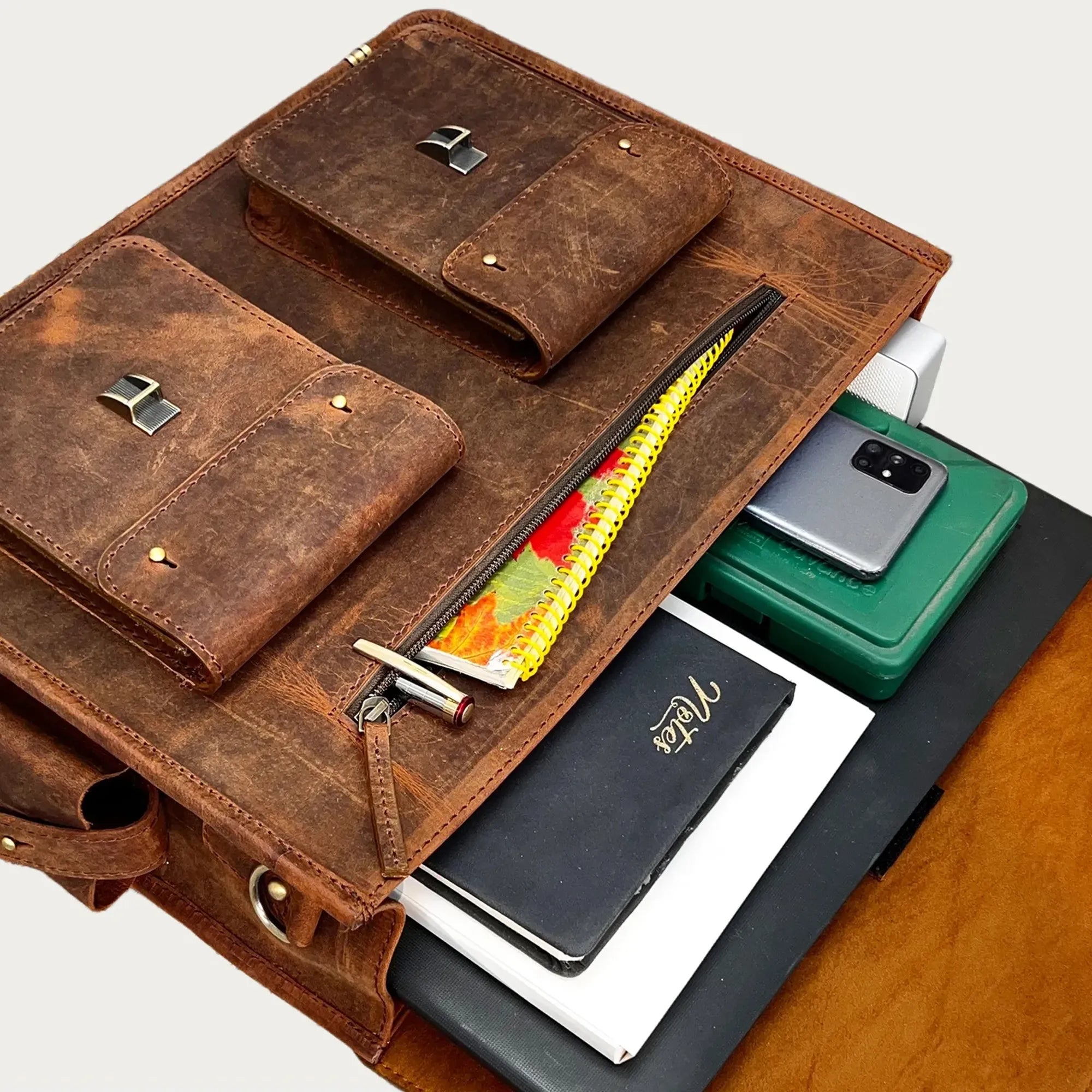 Distressed Leather Satchel Bag – Full-Grain Laptop Briefcase with Dual Buckle Pockets & Trolley Sleeve (14" / 16" / 18")