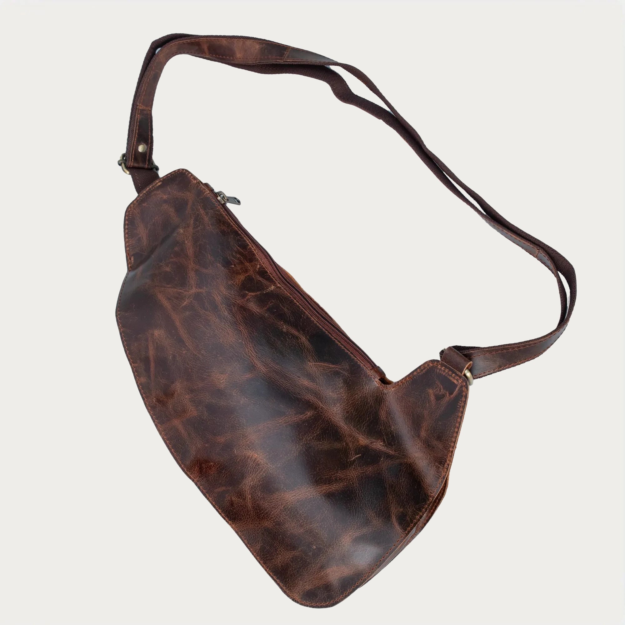 Men’s Full-Grain Leather Chest Sling Bag – Distressed Brown Crossbody Chest Pack with Dual Buckle Pockets – Gift for Him