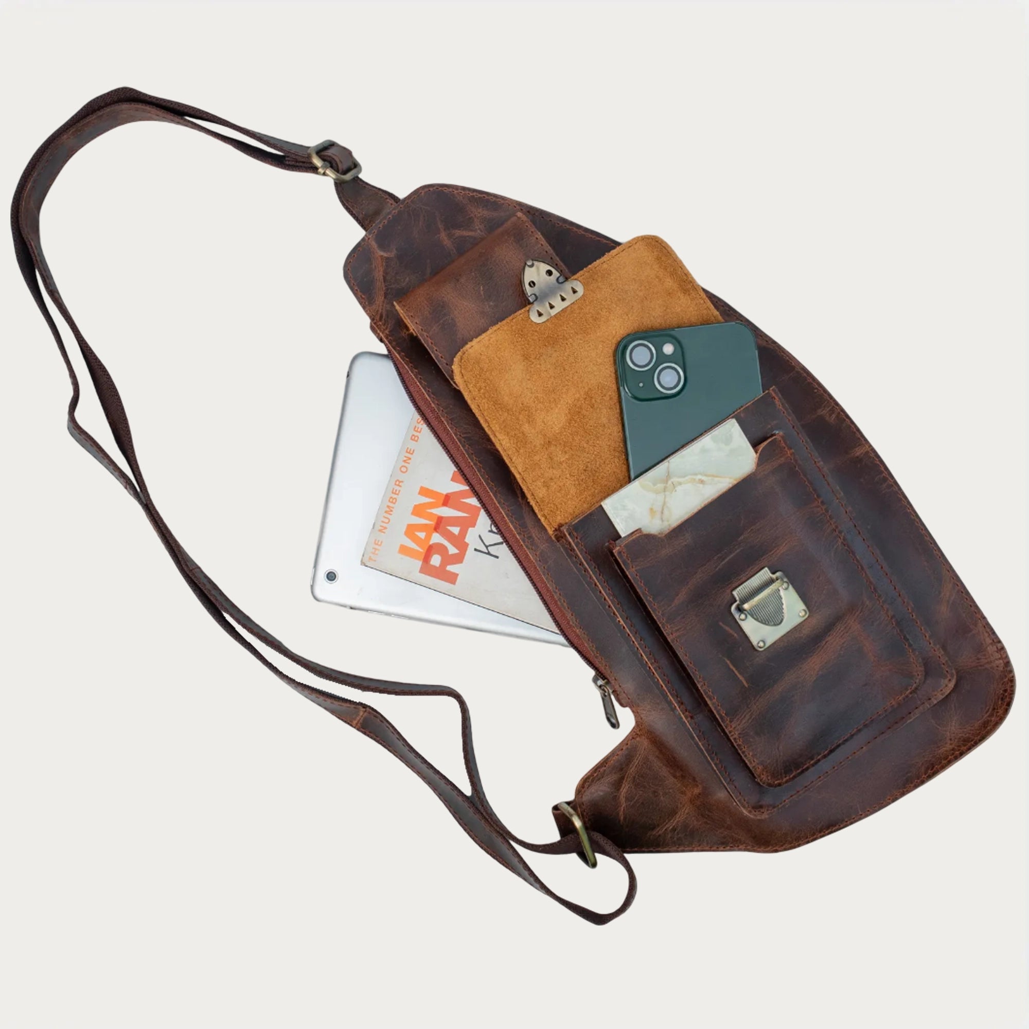 Men’s Full-Grain Leather Chest Sling Bag – Distressed Brown Crossbody Chest Pack with Dual Buckle Pockets – Gift for Him