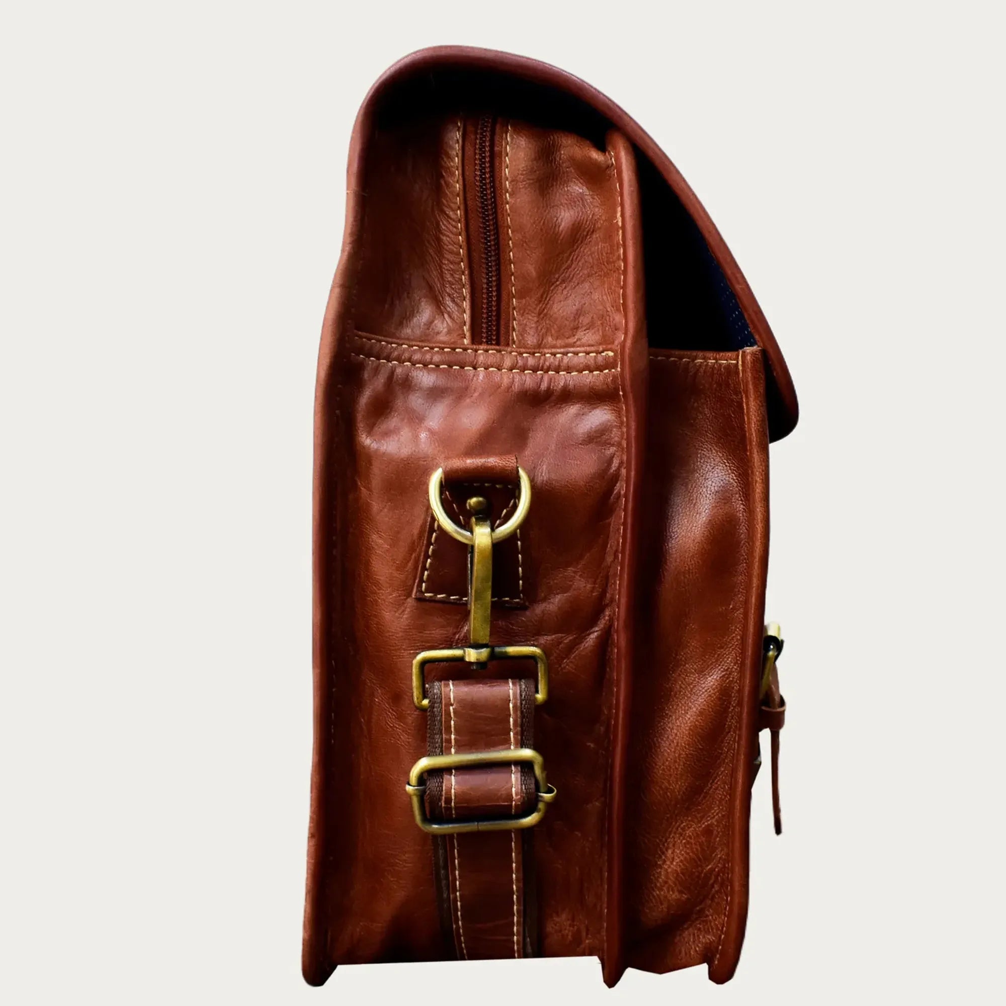 Cognac Leather Laptop Messenger Bag – Full-Grain Briefcase with Snap Lock & Trolley Sleeve (14" / 16" / 18")