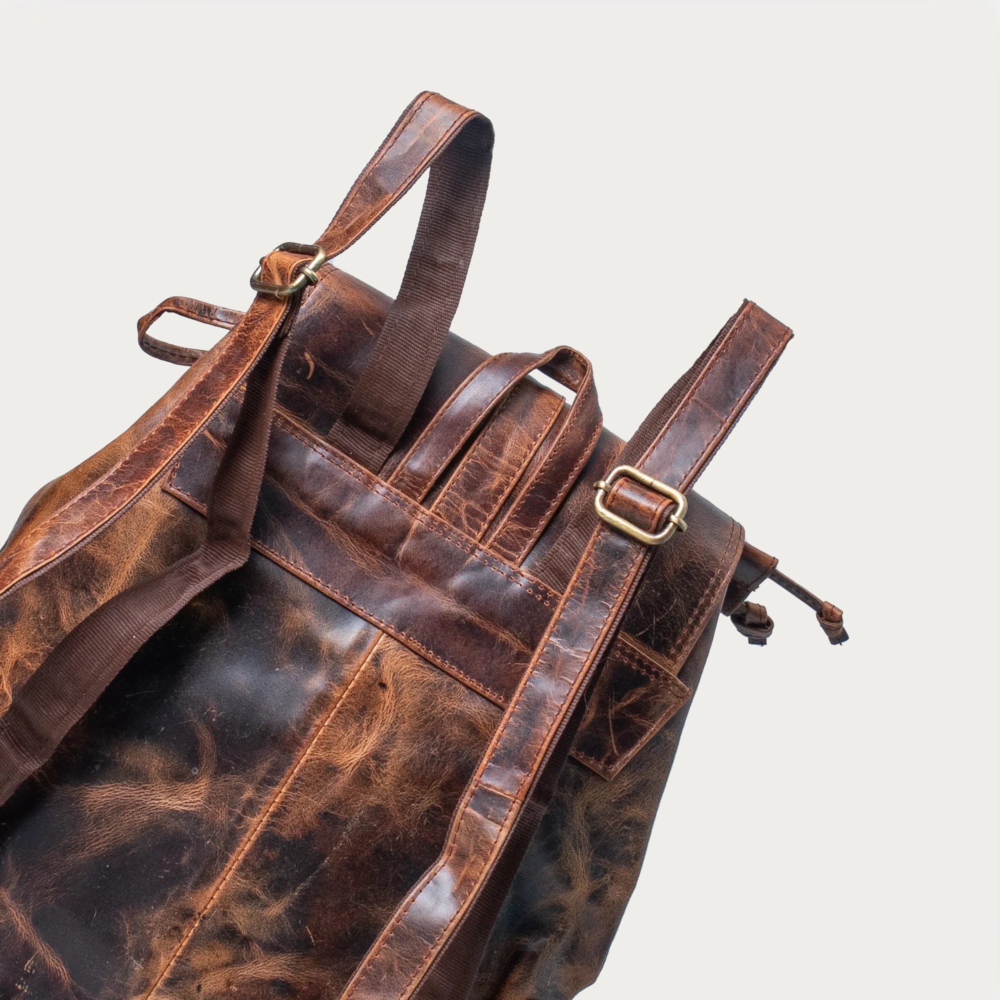 Distressed Brown Full-Grain Leather Backpack – Drawstring Rucksack with Buckle Flap, Laptop Sleeve & Side Pockets – Travel, Office, Gift
