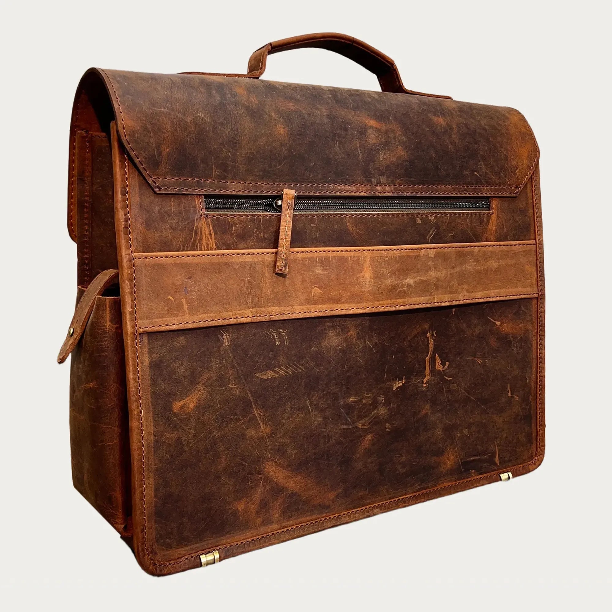 Distressed Leather Satchel Bag – Full-Grain Laptop Briefcase with Dual Buckle Pockets & Trolley Sleeve (14" / 16" / 18")