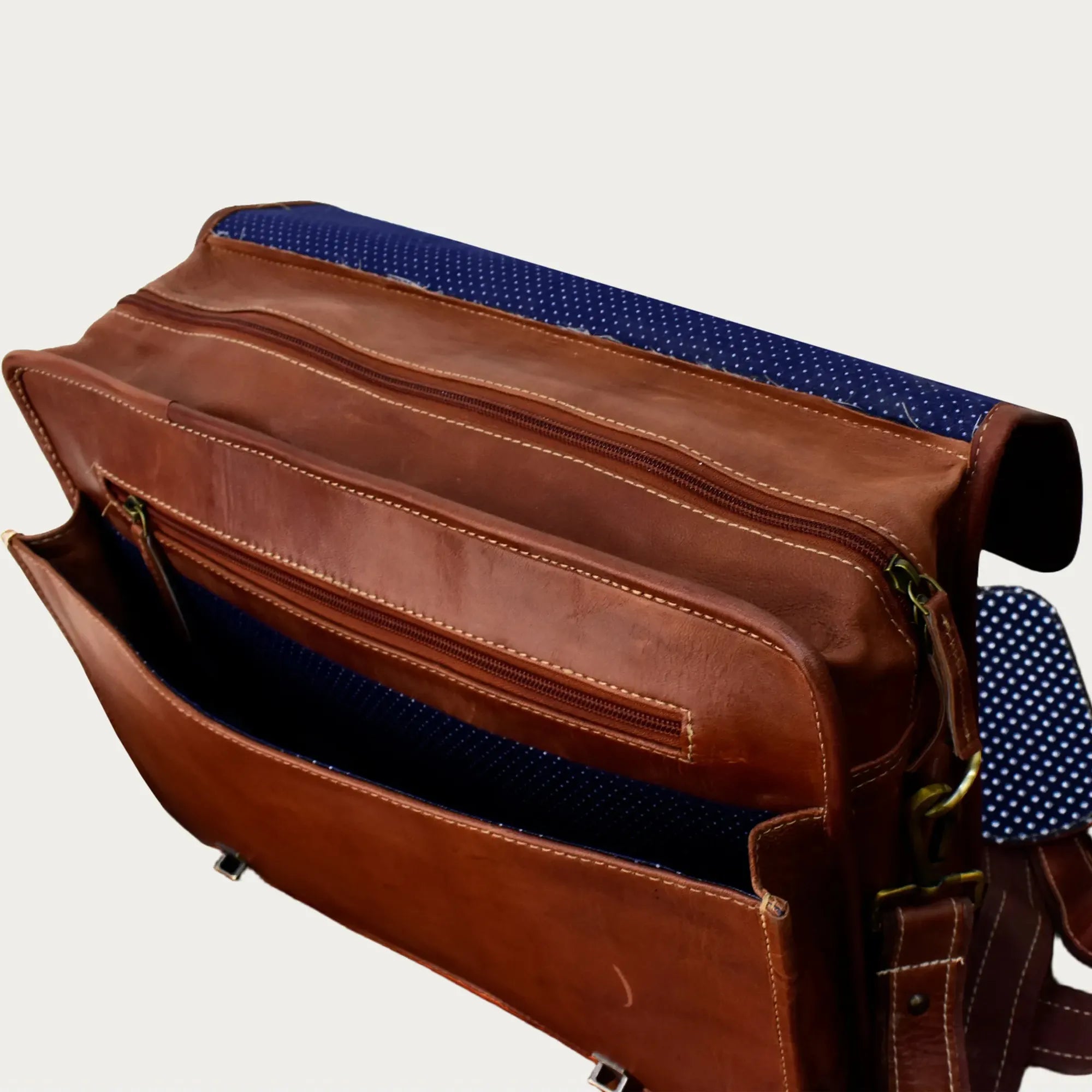 Cognac Leather Laptop Messenger Bag – Full-Grain Briefcase with Snap Lock & Trolley Sleeve (14" / 16" / 18")