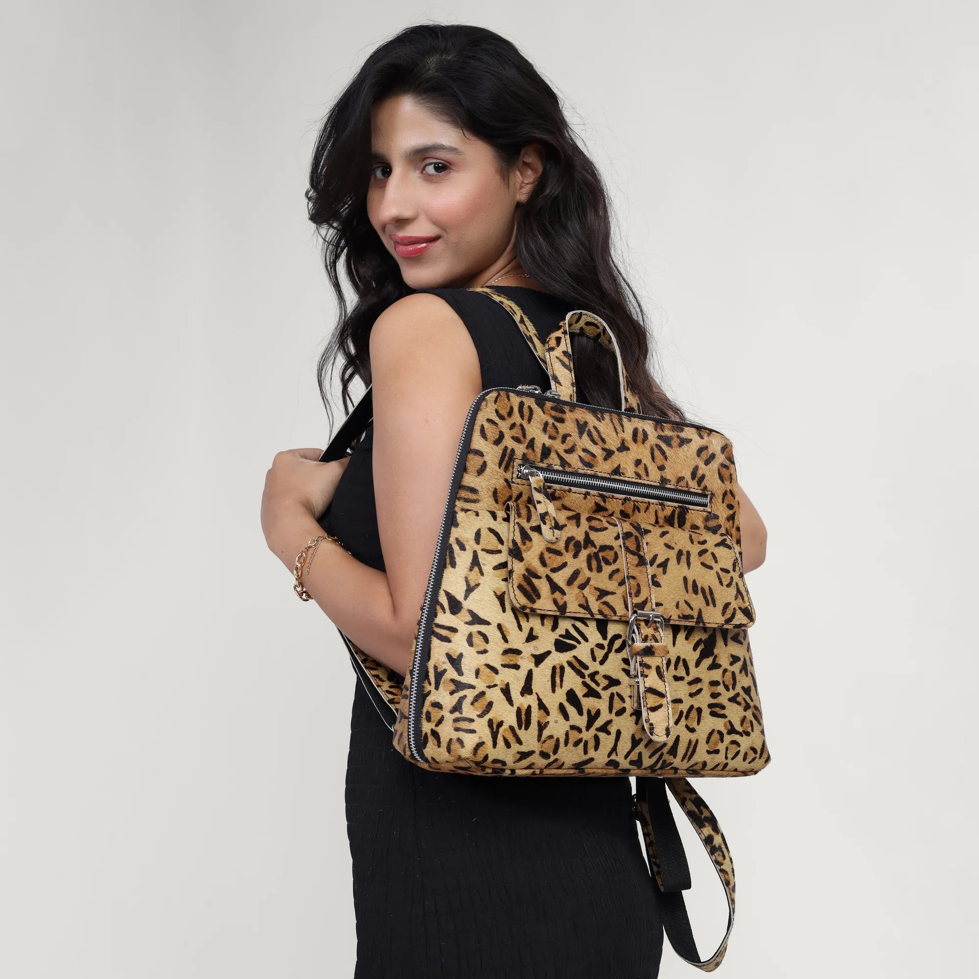 Leopard Hairon Leather Backpack – Handmade Cowhide Daypack for Women