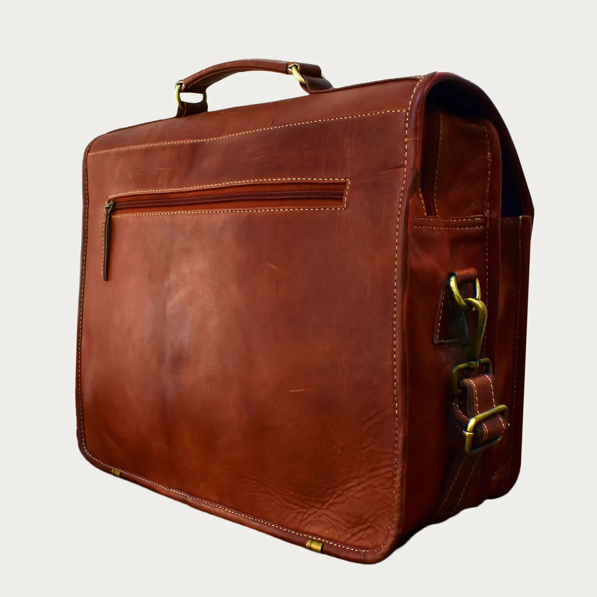 Cognac Leather Laptop Messenger Bag – Full-Grain Briefcase with Snap Lock & Trolley Sleeve (14" / 16" / 18")