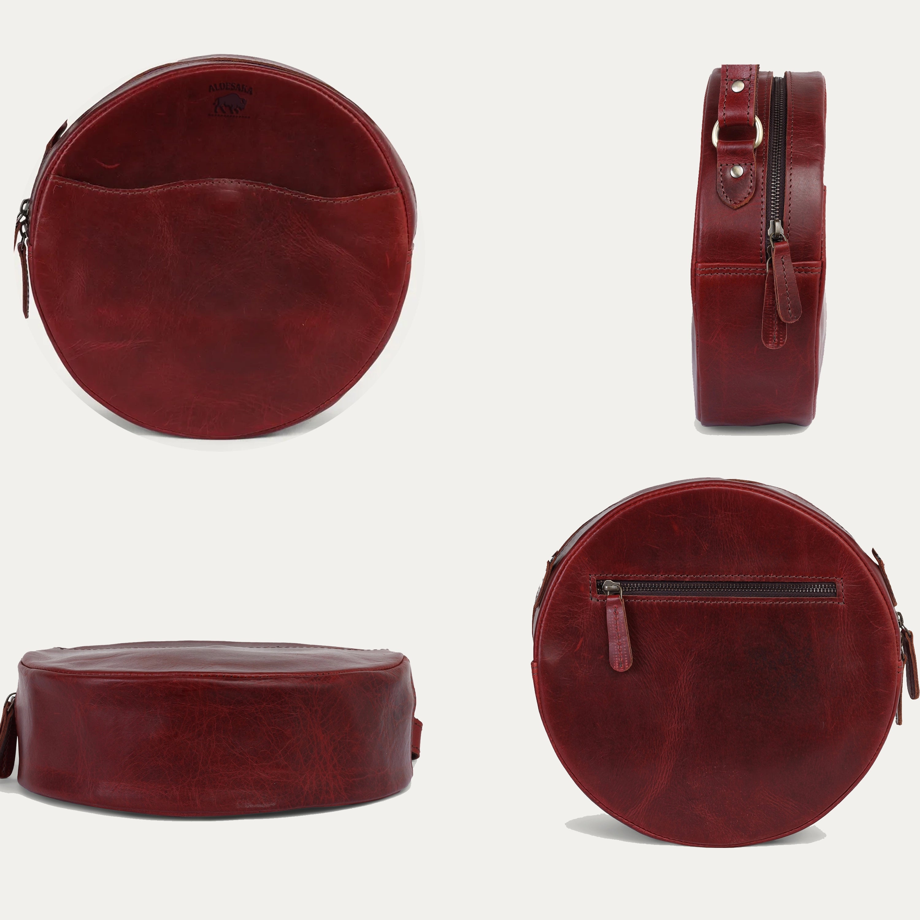 Wine Leather Crossbody Bag – Round Handmade Full Grain Sling for Women