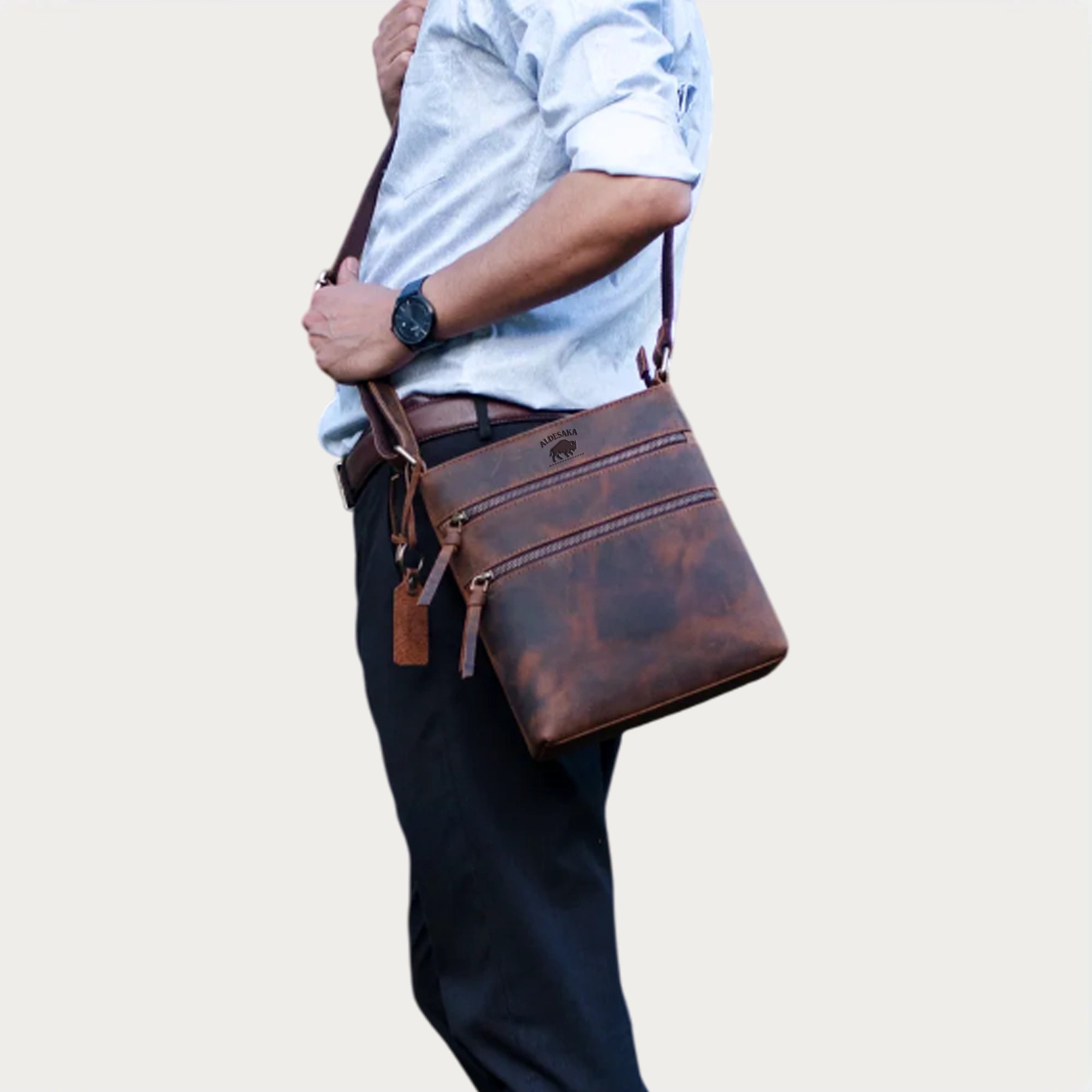 Distressed Leather Crossbody Bag – Full-Grain Unisex Everyday Sling with Dual Zipper Pockets (10" x 6" x 1")
