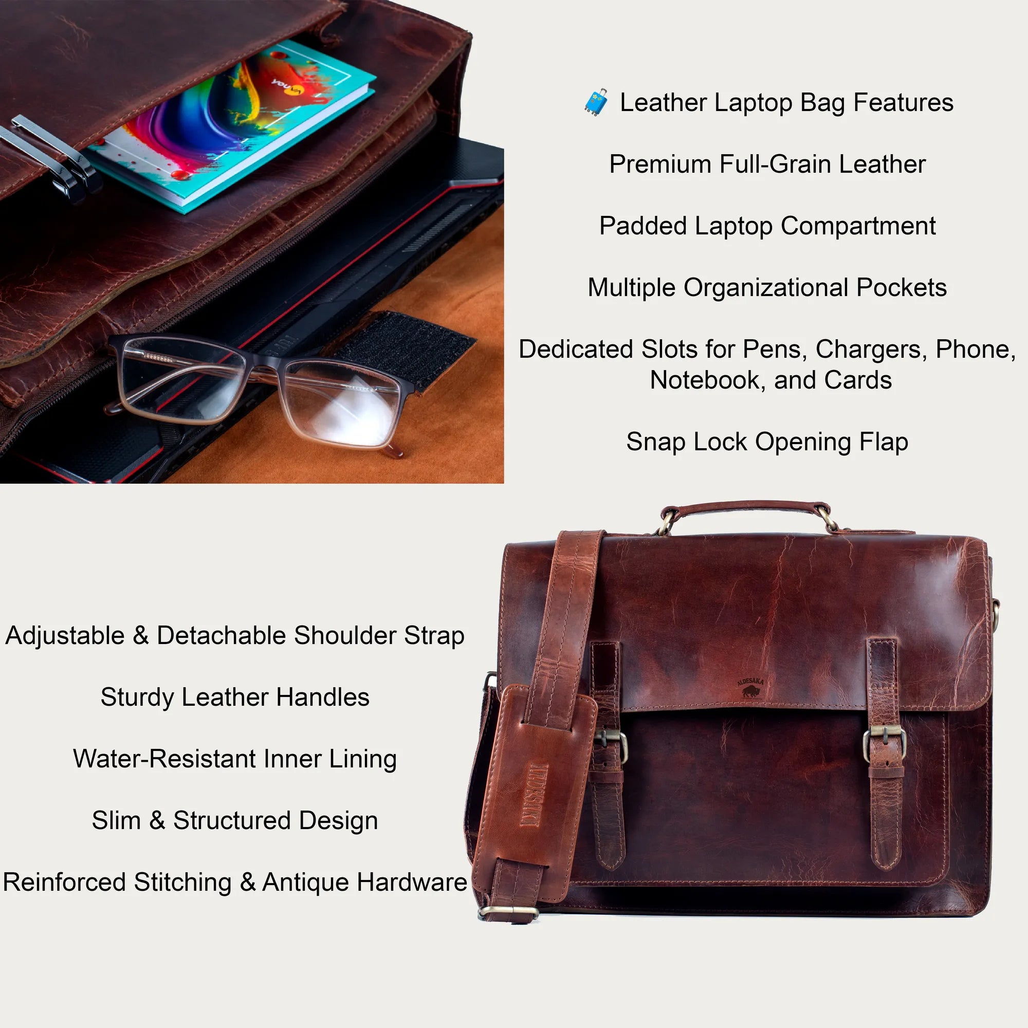 Full Grain Distressed Leather Messenger Bag – Handmade Buckle Flap Satchel for Men & Women | Laptop Work Bag in 14” 16” 18” Sizes | Rustic Gift for Him