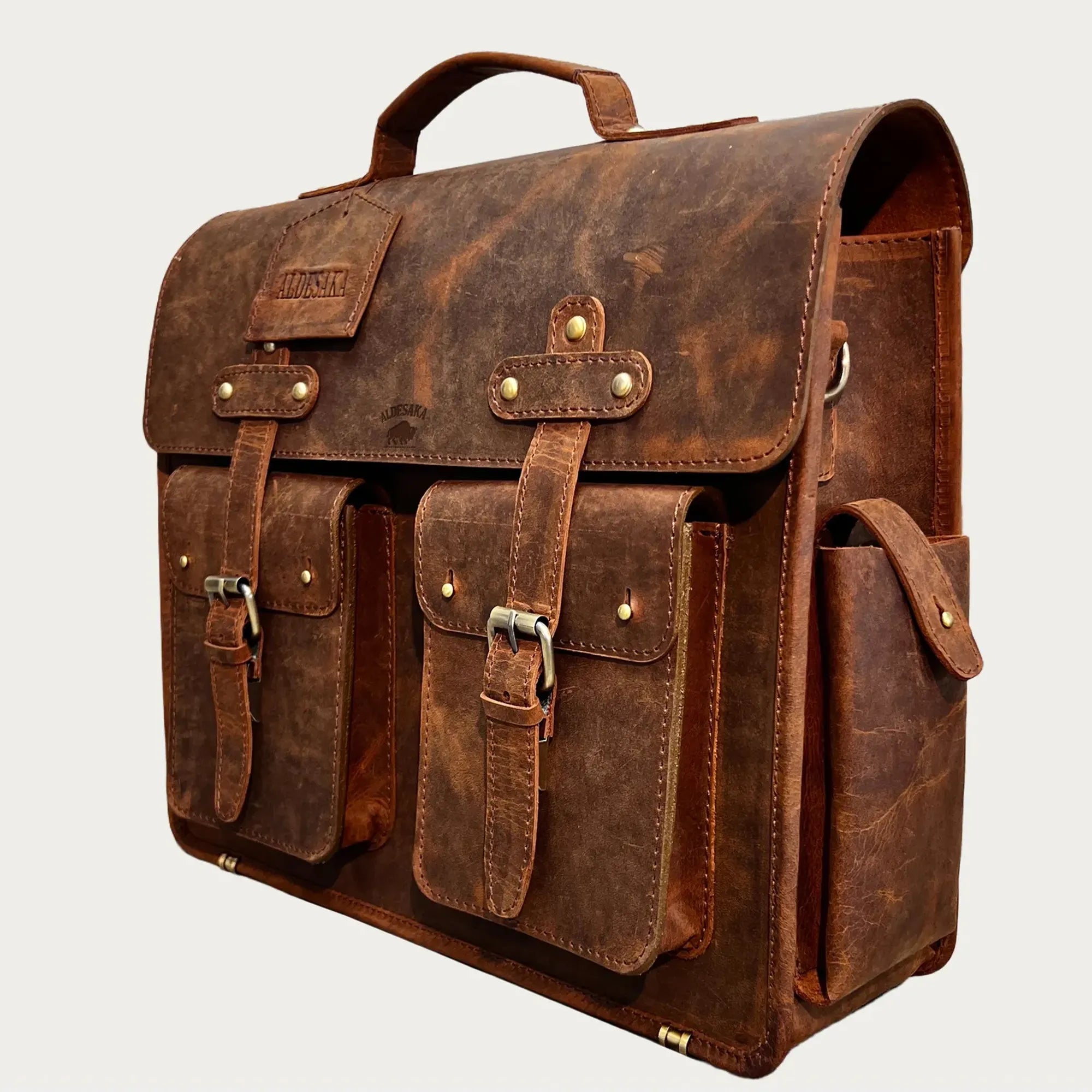 Distressed Leather Satchel Bag – Full-Grain Laptop Briefcase with Dual Buckle Pockets & Trolley Sleeve (14" / 16" / 18")