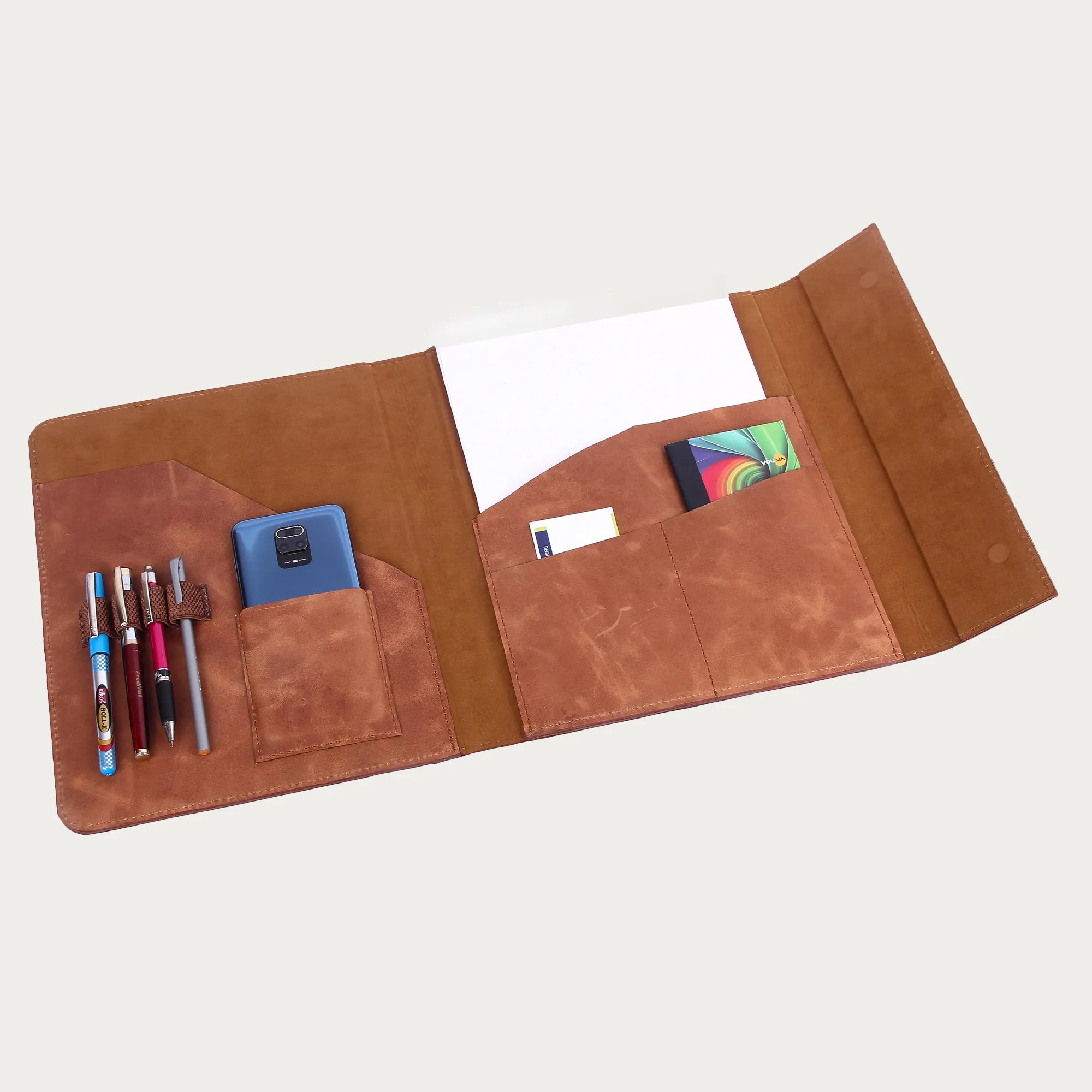 Tan Full-Grain Leather Portfolio – A4 & A5 Document Folder with Magnetic Closure