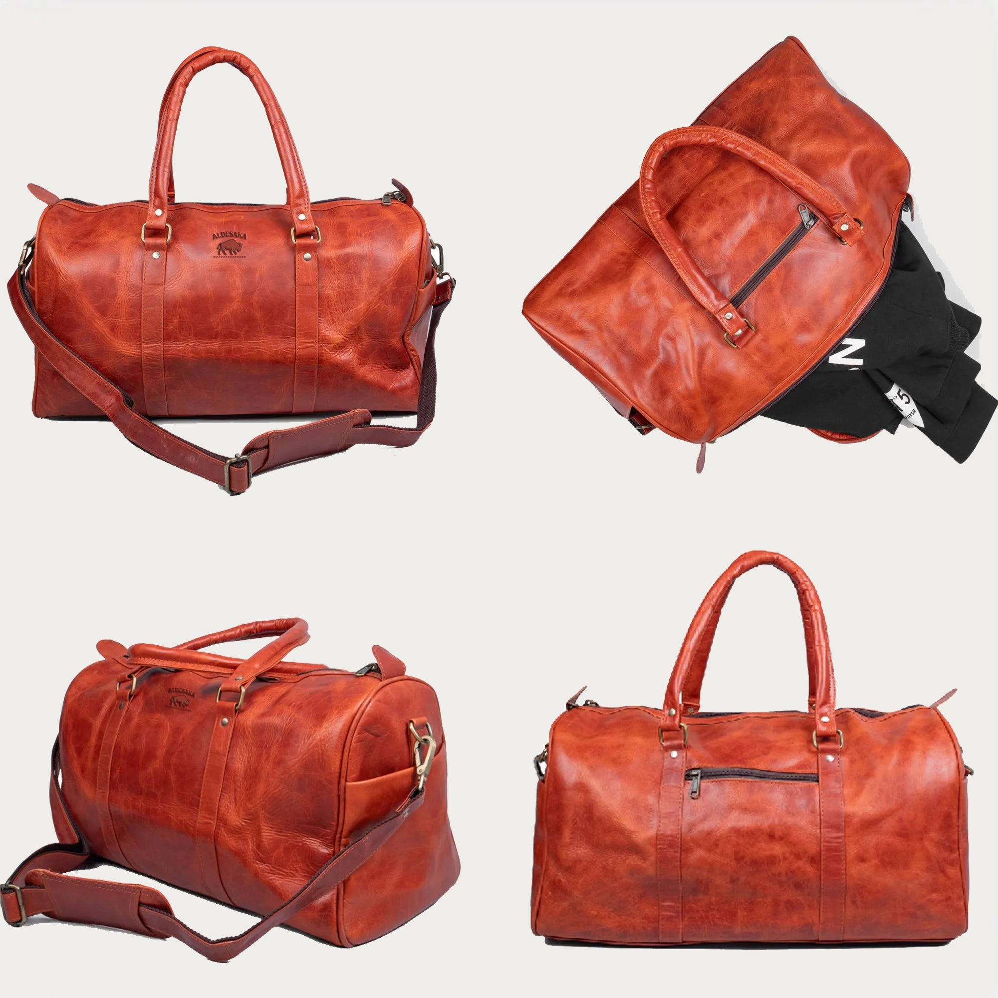 Red Full-Grain Leather Duffle Bag – Handmade Travel Weekender with Adjustable Strap – Unisex Gym Bag or Gift for Him/Her