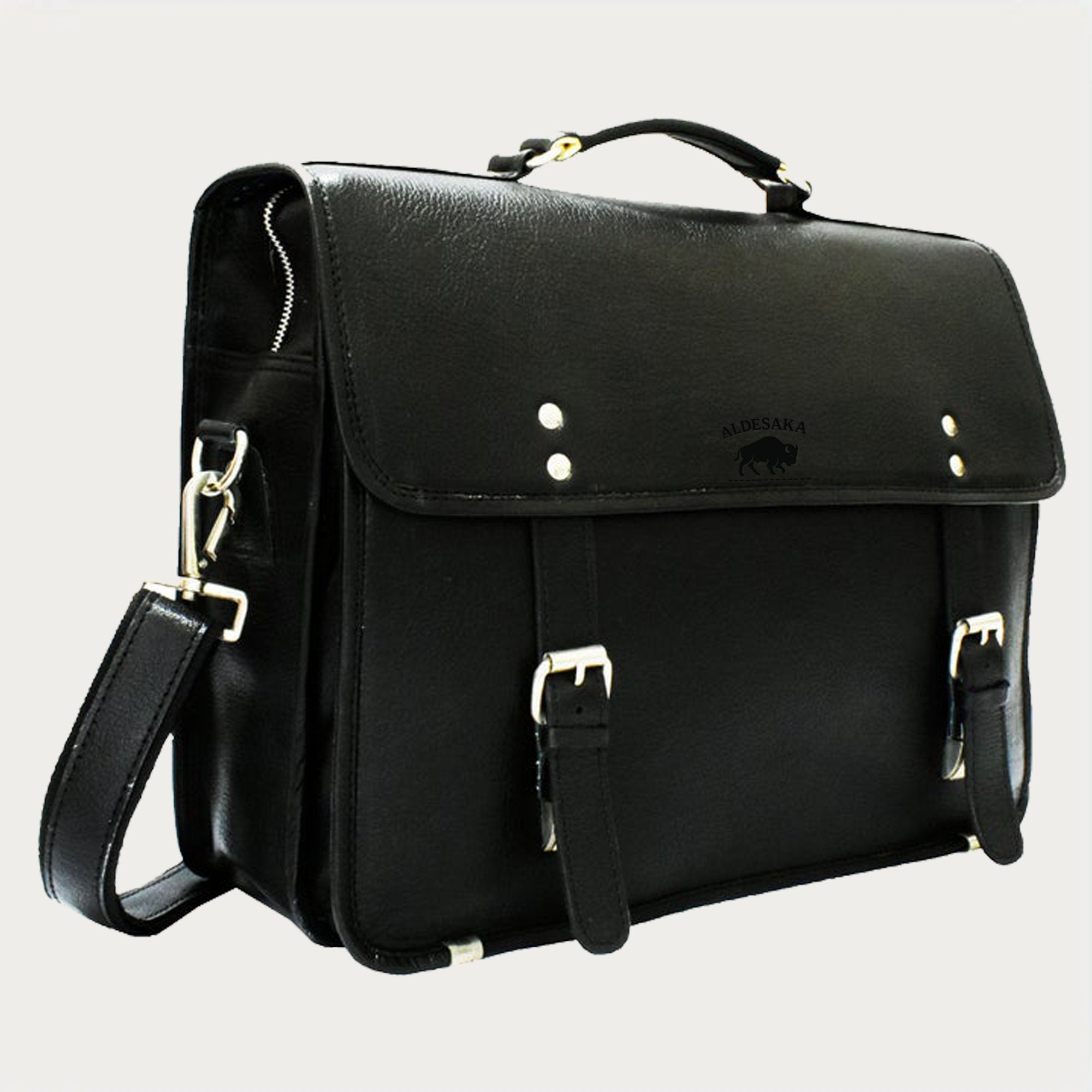 Black Leather Laptop Briefcase – Full-Grain Professional Bag with Buckle Flap & Trolley Sleeve (14" / 16" / 18")