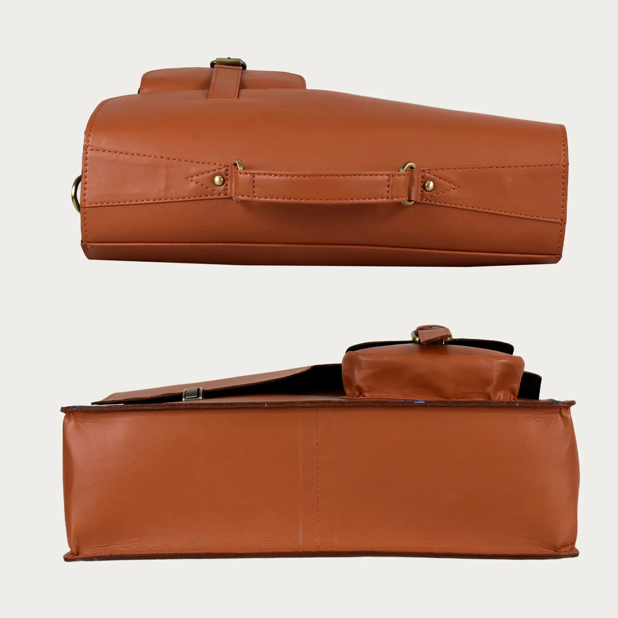 Cognac Leather Laptop Messenger Bag – Full-Grain Briefcase with Push Lock & Trolley Sleeve (14" / 16" / 18")