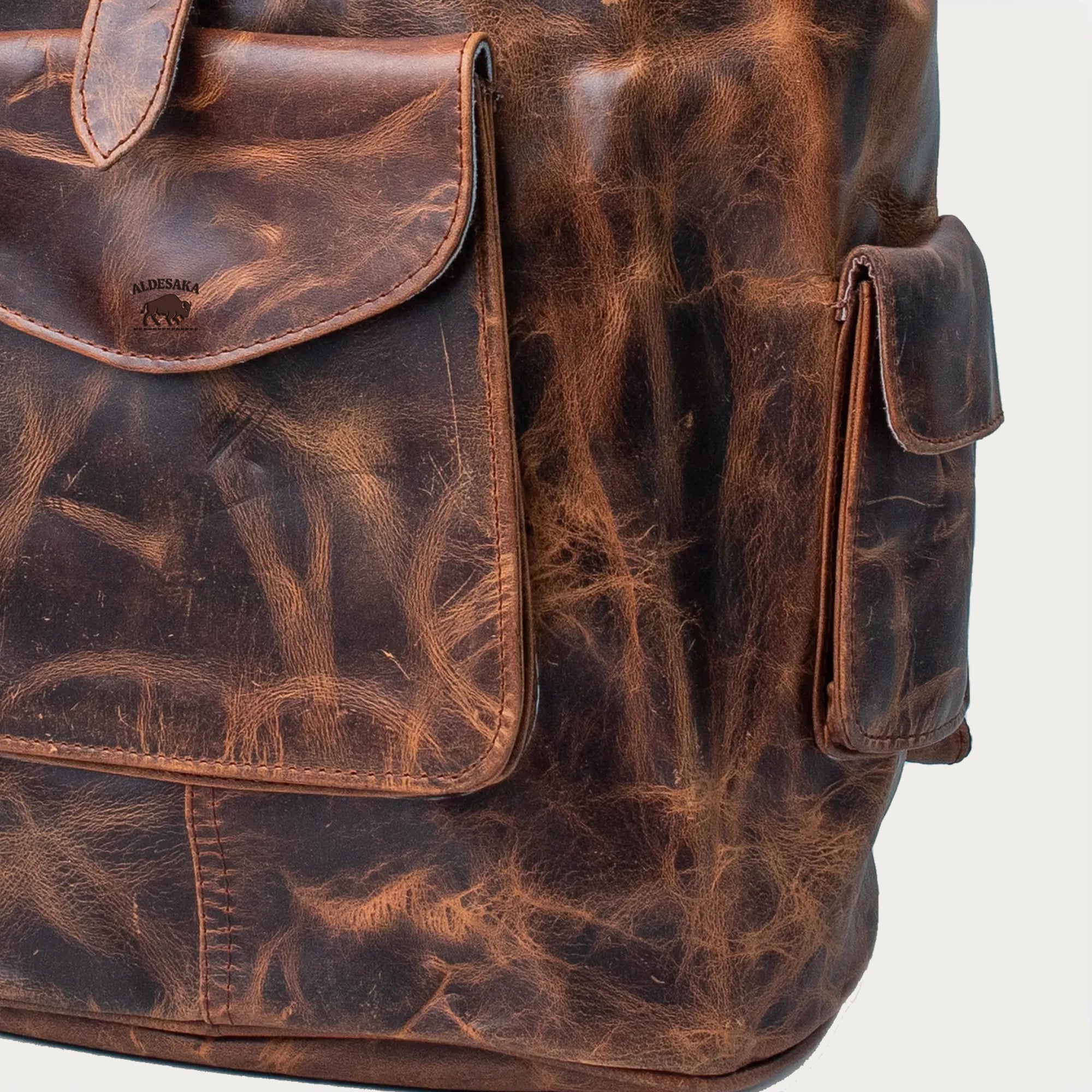 Distressed Brown Full-Grain Leather Backpack – Drawstring Rucksack with Buckle Flap, Laptop Sleeve & Side Pockets – Travel, Office, Gift