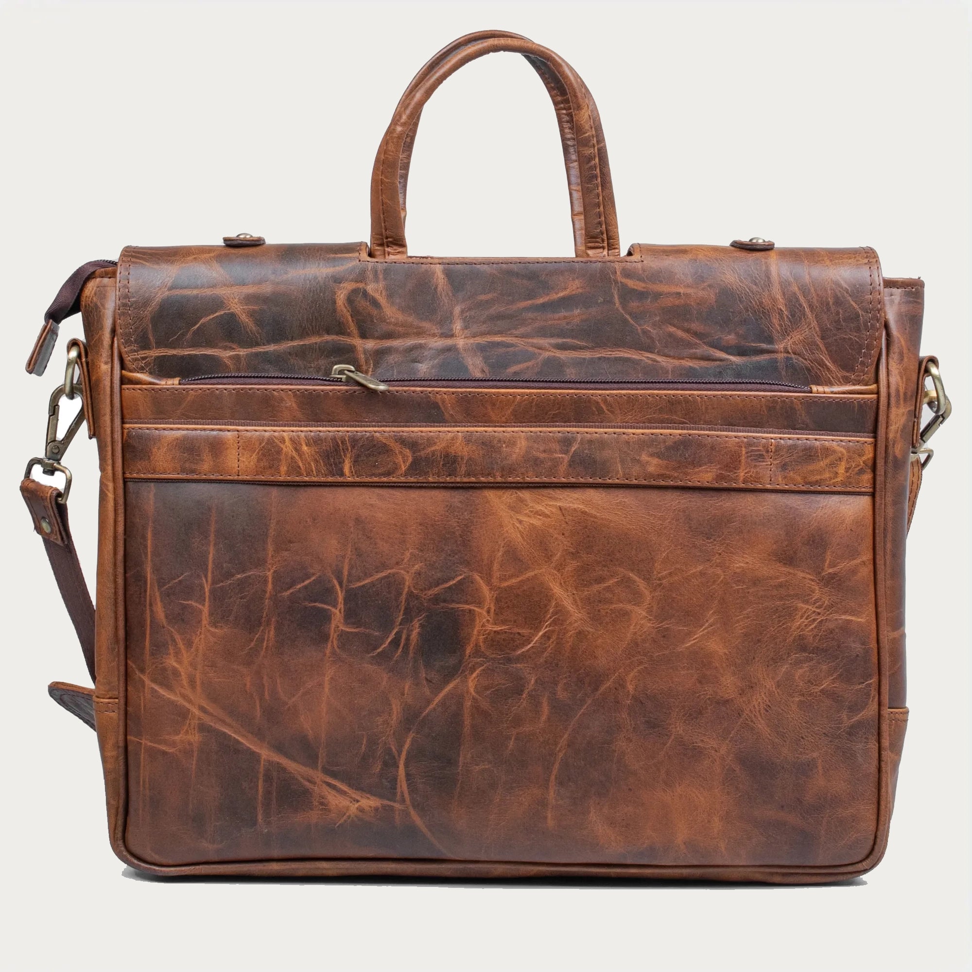 Distressed Brown Leather Laptop Bag – Full-Grain Cowhide with Flap-Over Closure, Top Handle & Shoulder Strap (14" / 16" / 18")