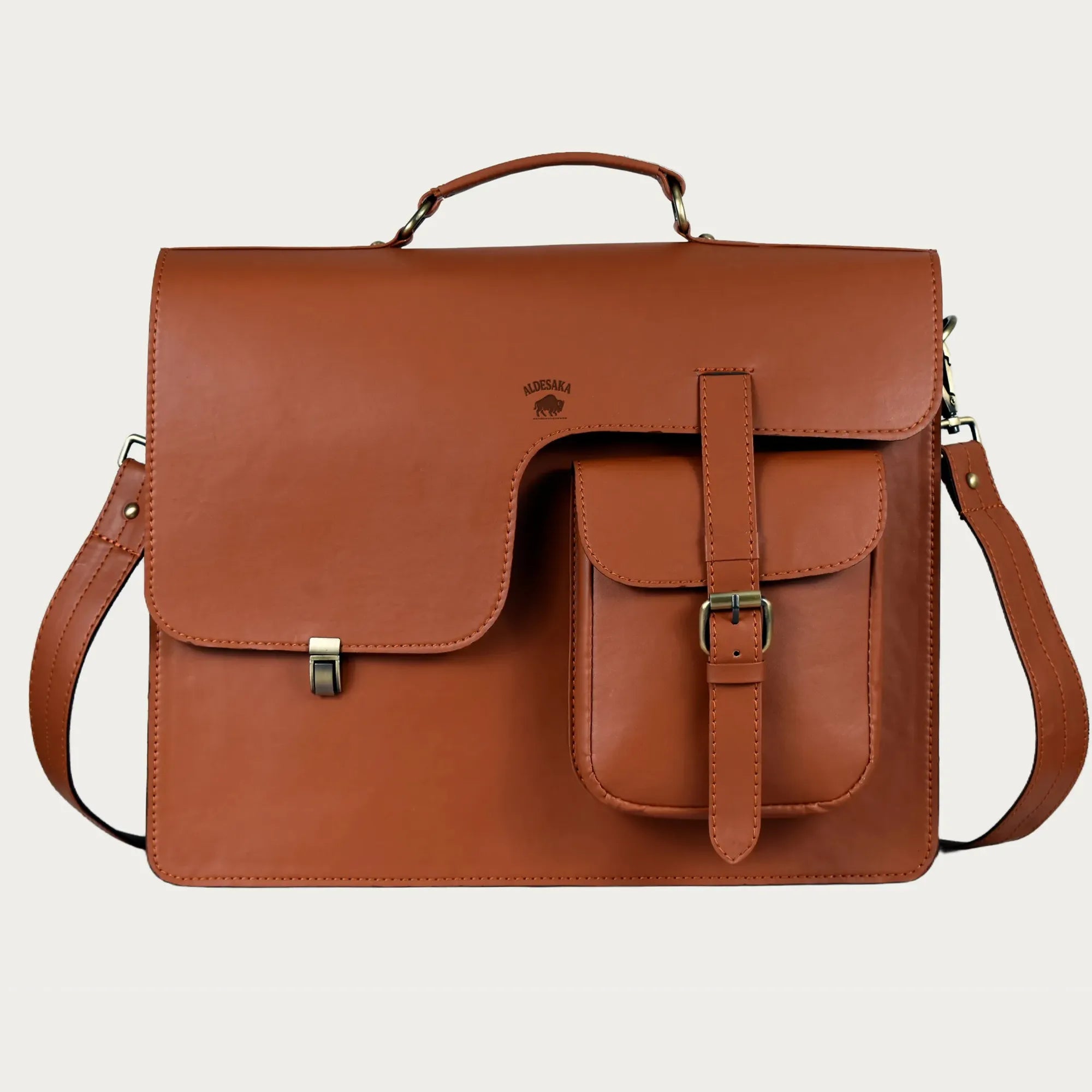 Cognac Leather Laptop Messenger Bag – Full-Grain Briefcase with Push Lock & Trolley Sleeve (14" / 16" / 18")