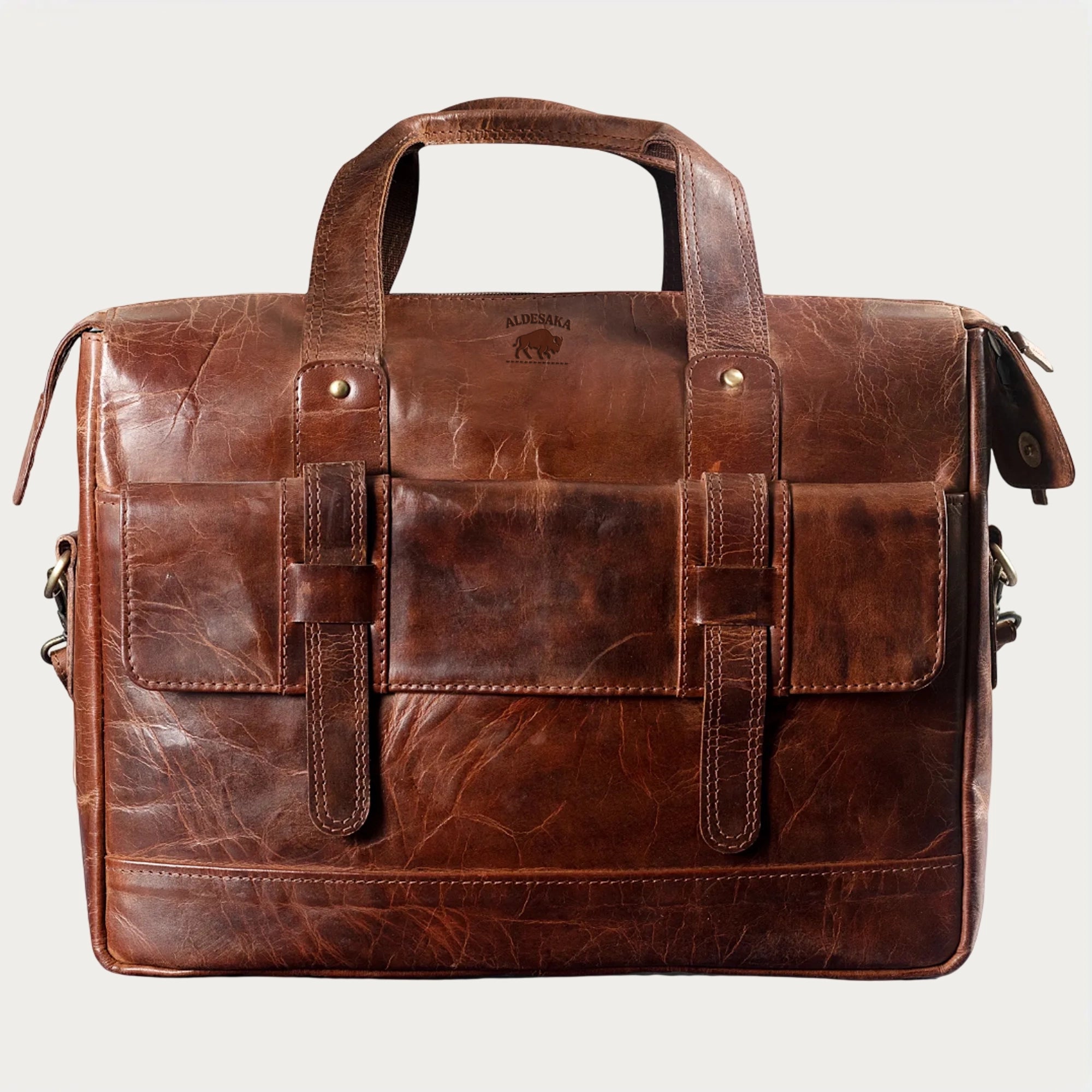 Distressed Leather Briefcase – Full-Grain Laptop Bag with Top Handles, Zipper Closure & Multi-Utility Pockets (14" / 16" / 18")