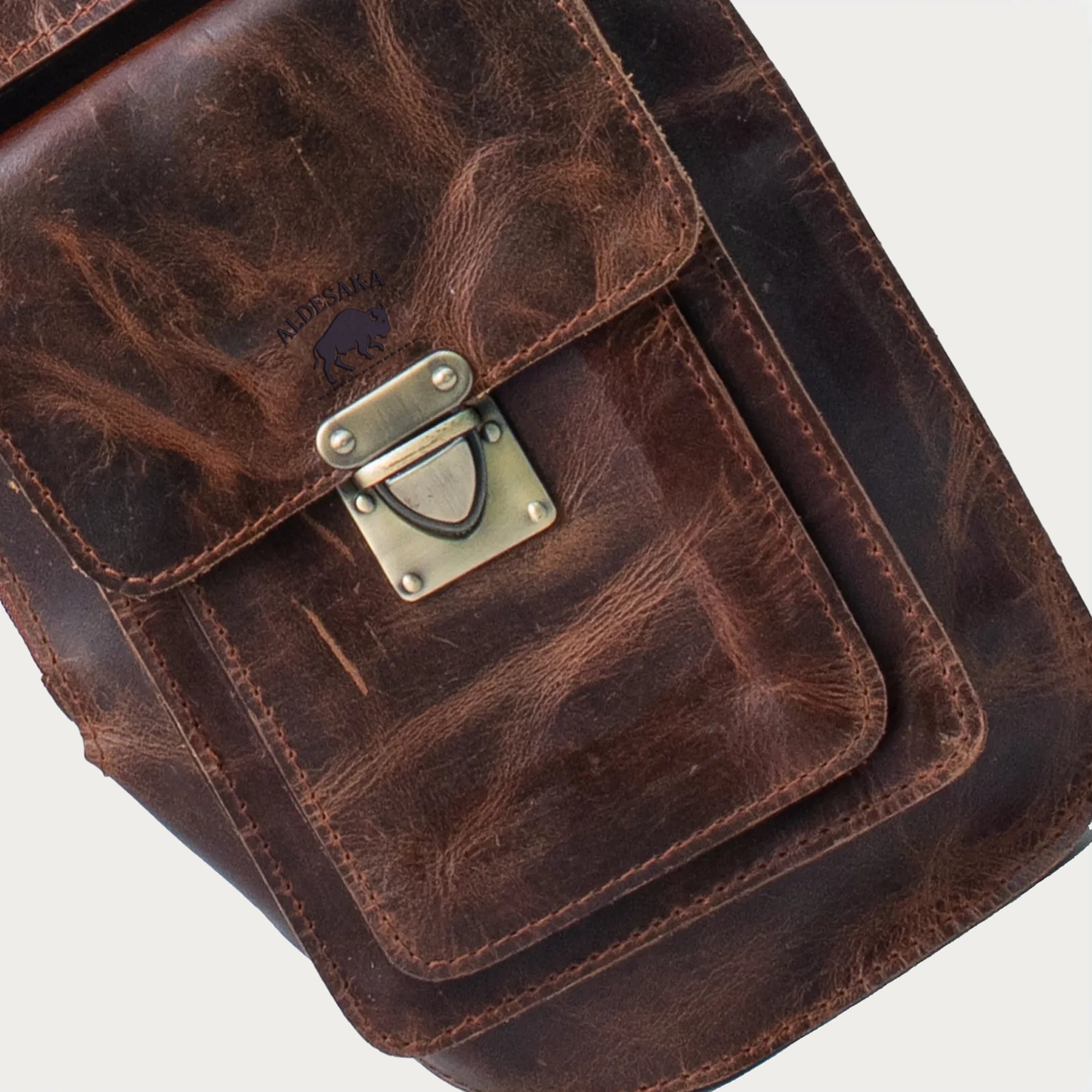 Men’s Full-Grain Leather Chest Sling Bag – Distressed Brown Crossbody Chest Pack with Dual Buckle Pockets – Gift for Him