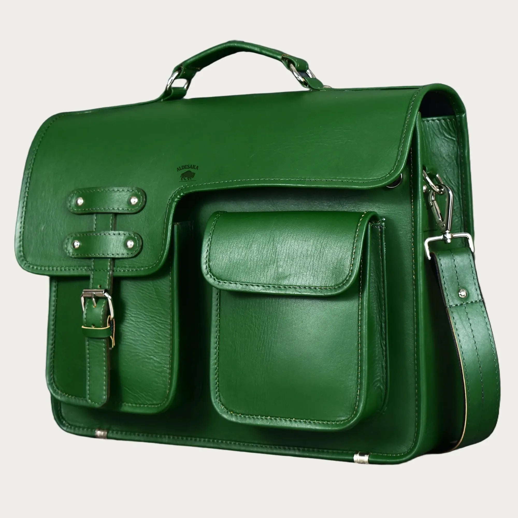 Green Full-Grain Leather Messenger Bag – Handmade Laptop Briefcase with Buckle Flap & Trolley Sleeve (14" / 16" / 18")
