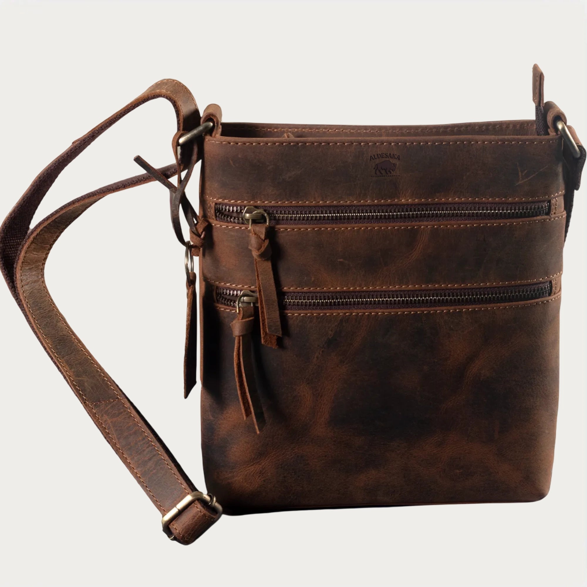 Distressed Leather Crossbody Bag – Full-Grain Unisex Everyday Sling with Dual Zipper Pockets (10" x 6" x 1")