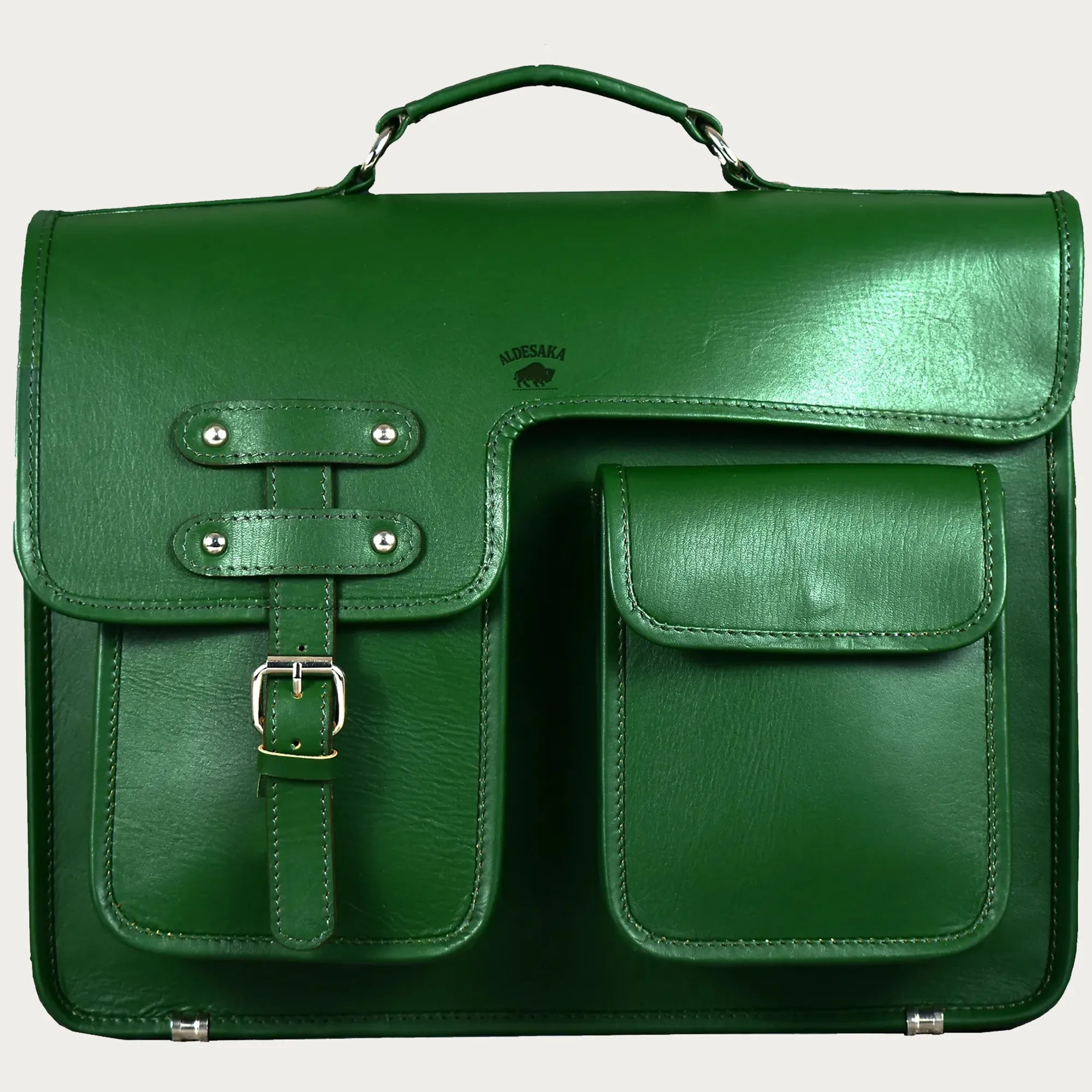 Green Full-Grain Leather Messenger Bag – Handmade Laptop Briefcase with Buckle Flap & Trolley Sleeve (14" / 16" / 18")