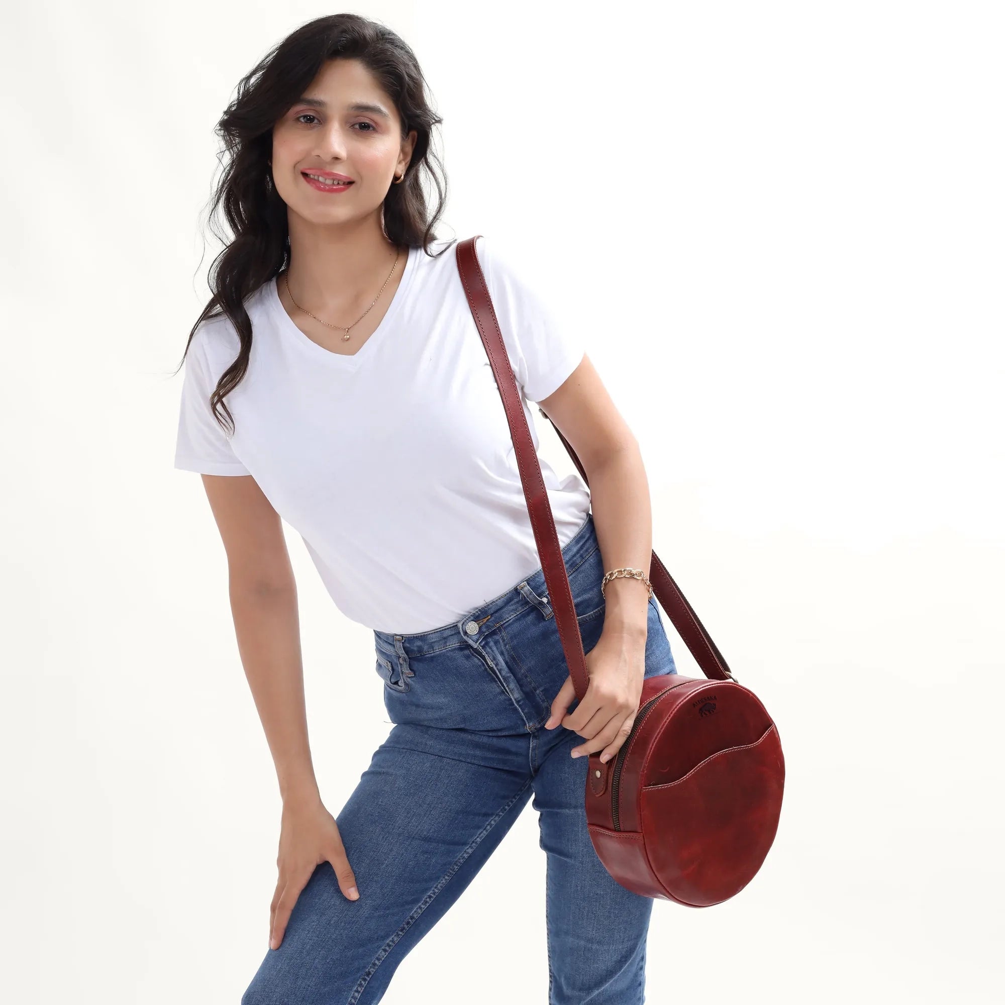 Wine Leather Crossbody Bag – Round Handmade Full Grain Sling for Women