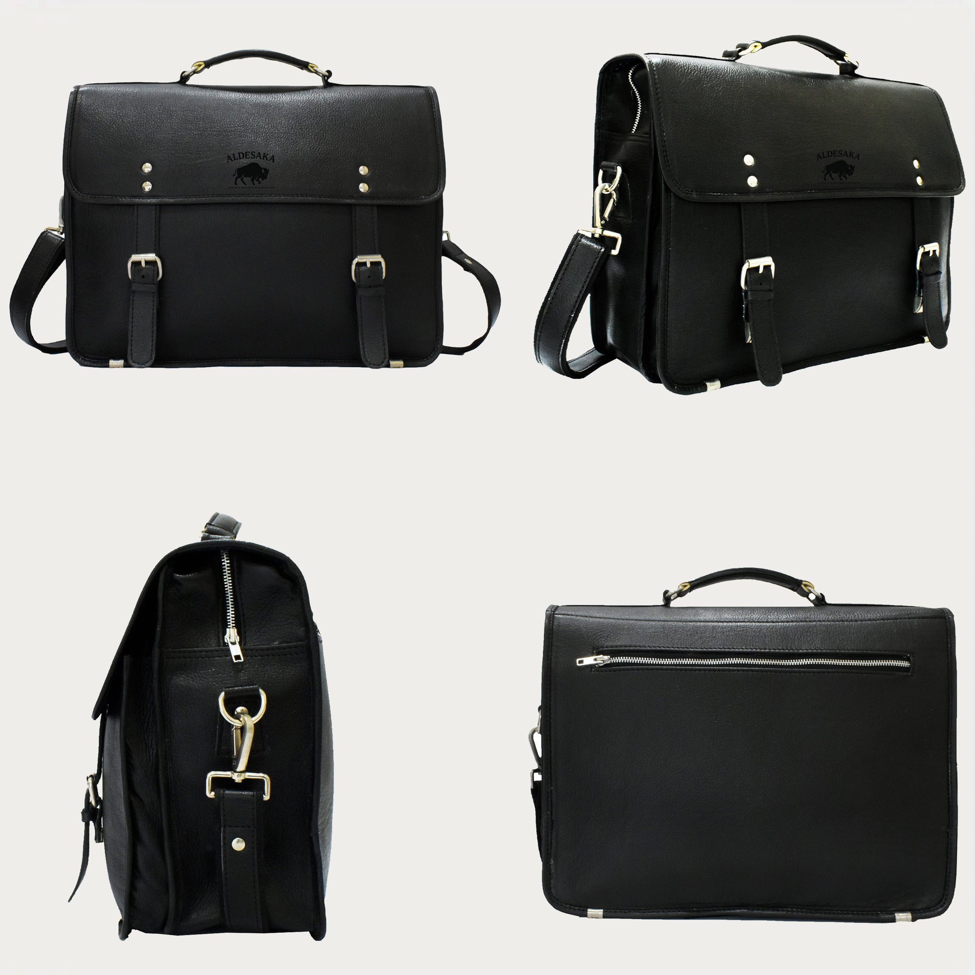 Black Leather Laptop Briefcase – Full-Grain Professional Bag with Buckle Flap & Trolley Sleeve (14" / 16" / 18")