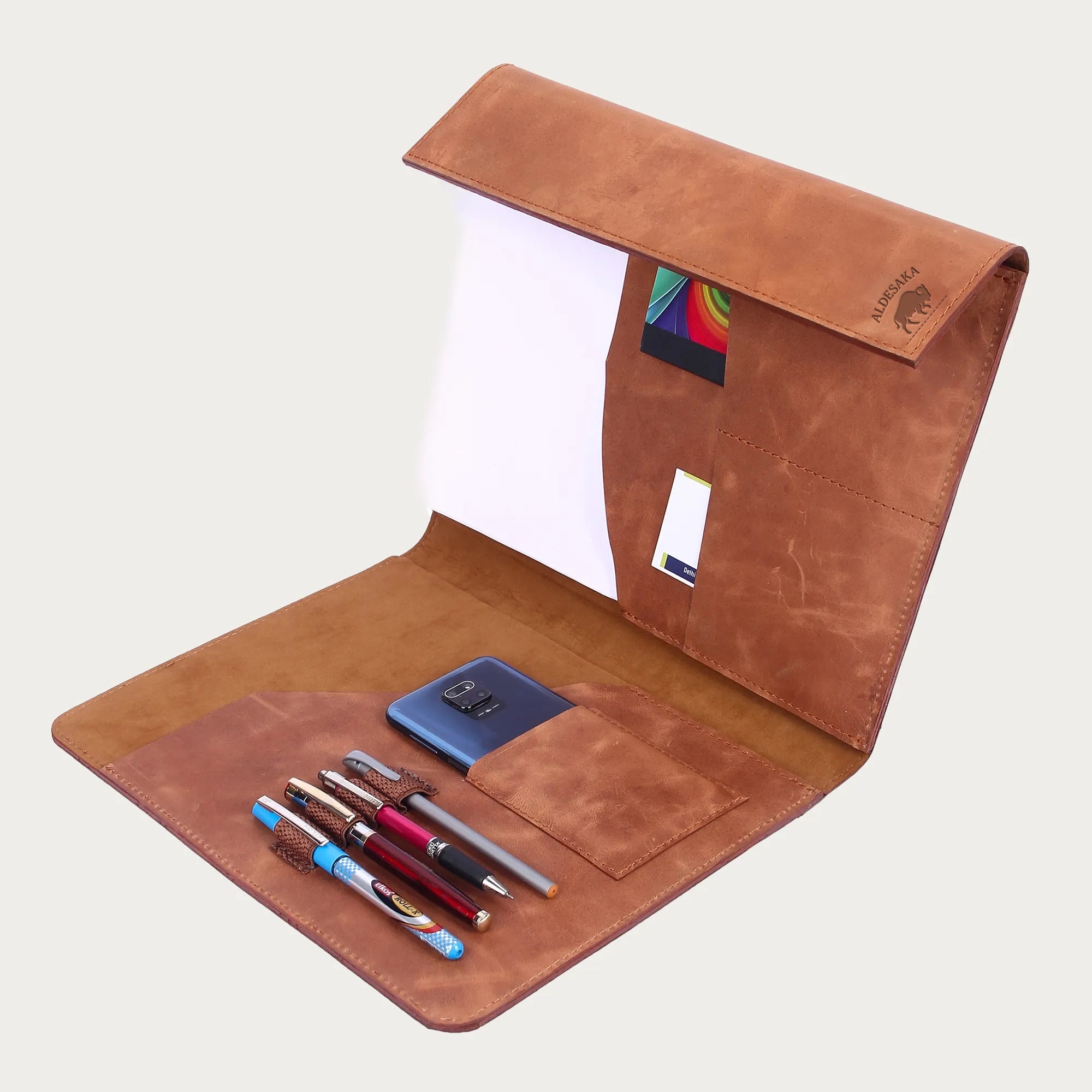 Tan Full-Grain Leather Portfolio – A4 & A5 Document Folder with Magnetic Closure