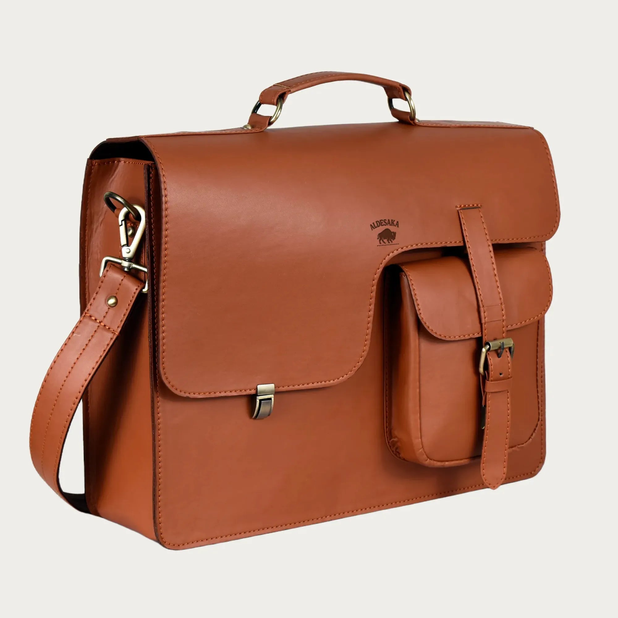Cognac Leather Laptop Messenger Bag – Full-Grain Briefcase with Push Lock & Trolley Sleeve (14" / 16" / 18")