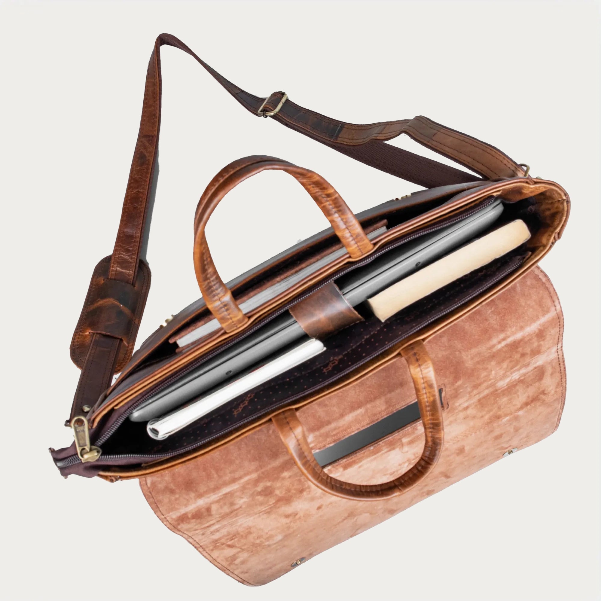 Distressed Brown Leather Laptop Bag – Full-Grain Cowhide with Flap-Over Closure, Top Handle & Shoulder Strap (14" / 16" / 18")