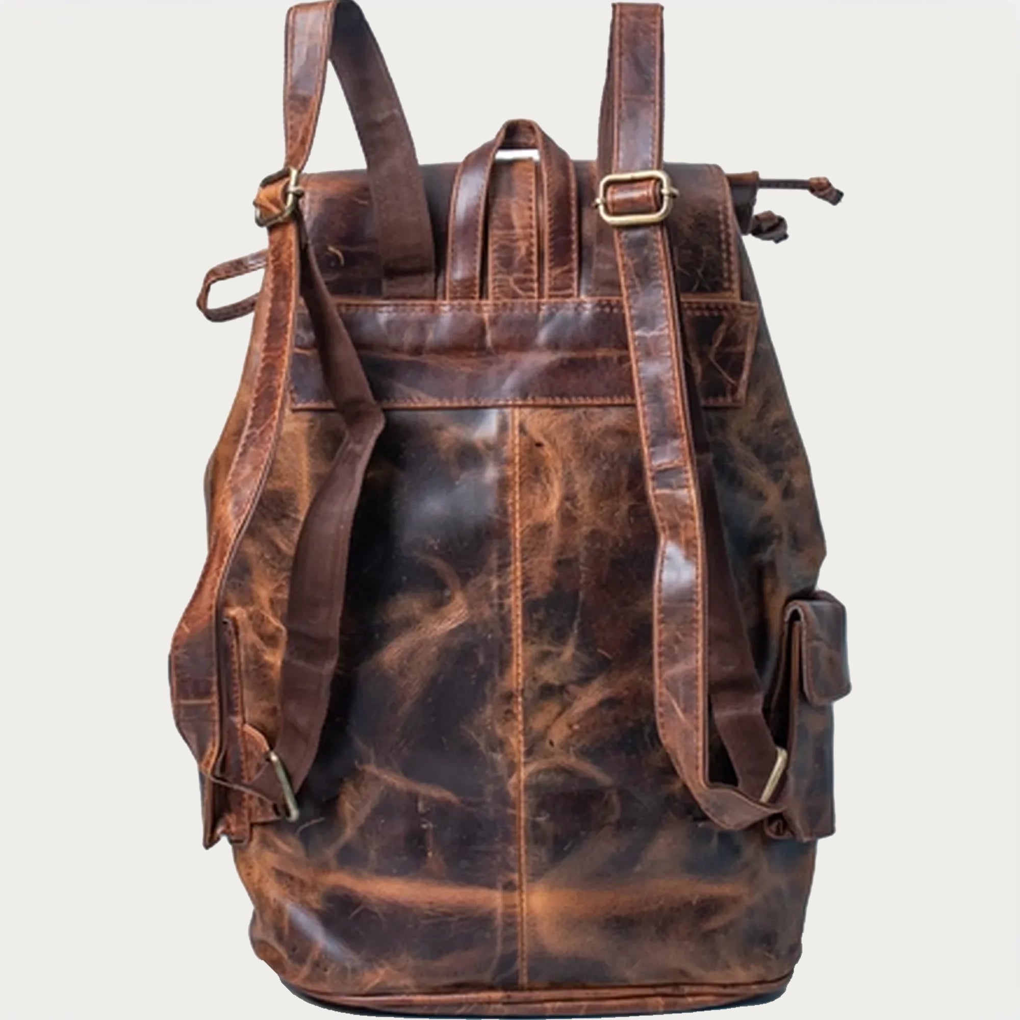 Distressed Brown Full-Grain Leather Backpack – Drawstring Rucksack with Buckle Flap, Laptop Sleeve & Side Pockets – Travel, Office, Gift