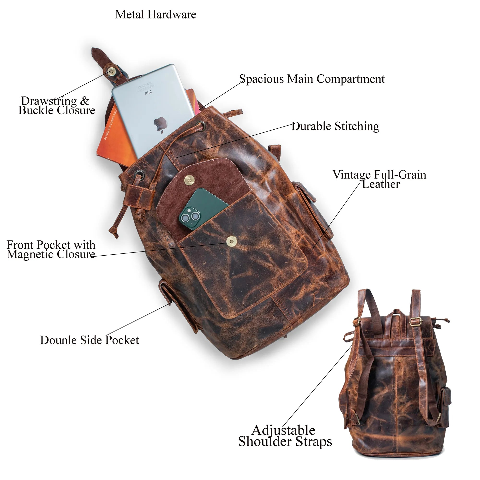 Distressed Brown Full-Grain Leather Backpack – Drawstring Rucksack with Buckle Flap, Laptop Sleeve & Side Pockets – Travel, Office, Gift