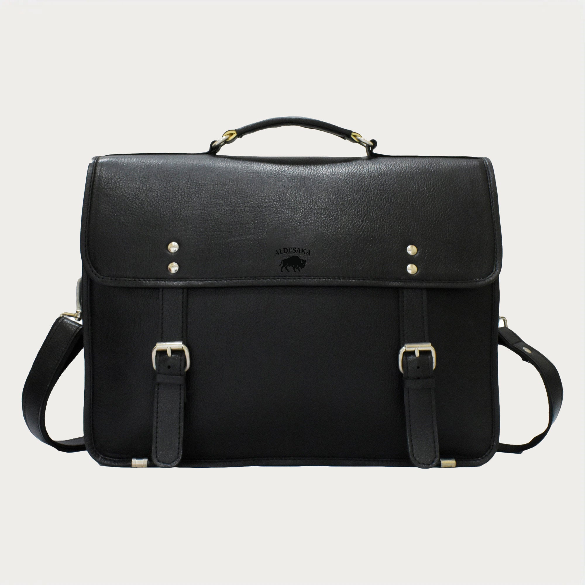 Black Leather Laptop Briefcase – Full-Grain Professional Bag with Buckle Flap & Trolley Sleeve (14" / 16" / 18")