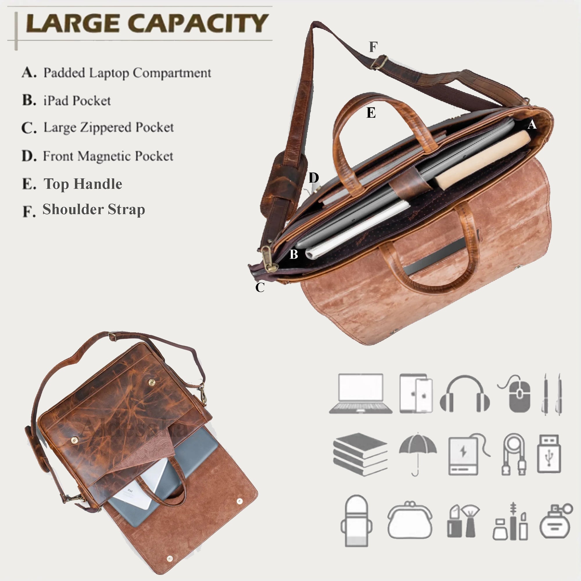 Distressed Brown Leather Laptop Bag – Full-Grain Cowhide with Flap-Over Closure, Top Handle & Shoulder Strap (14" / 16" / 18")