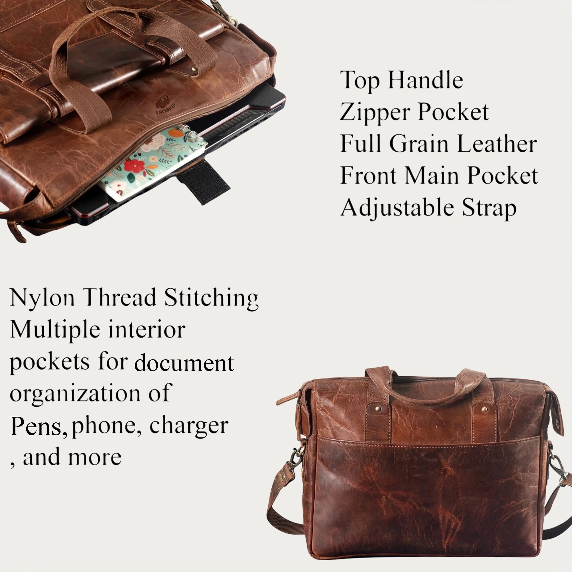 Distressed Leather Briefcase – Full-Grain Laptop Bag with Top Handles, Zipper Closure & Multi-Utility Pockets (14" / 16" / 18")