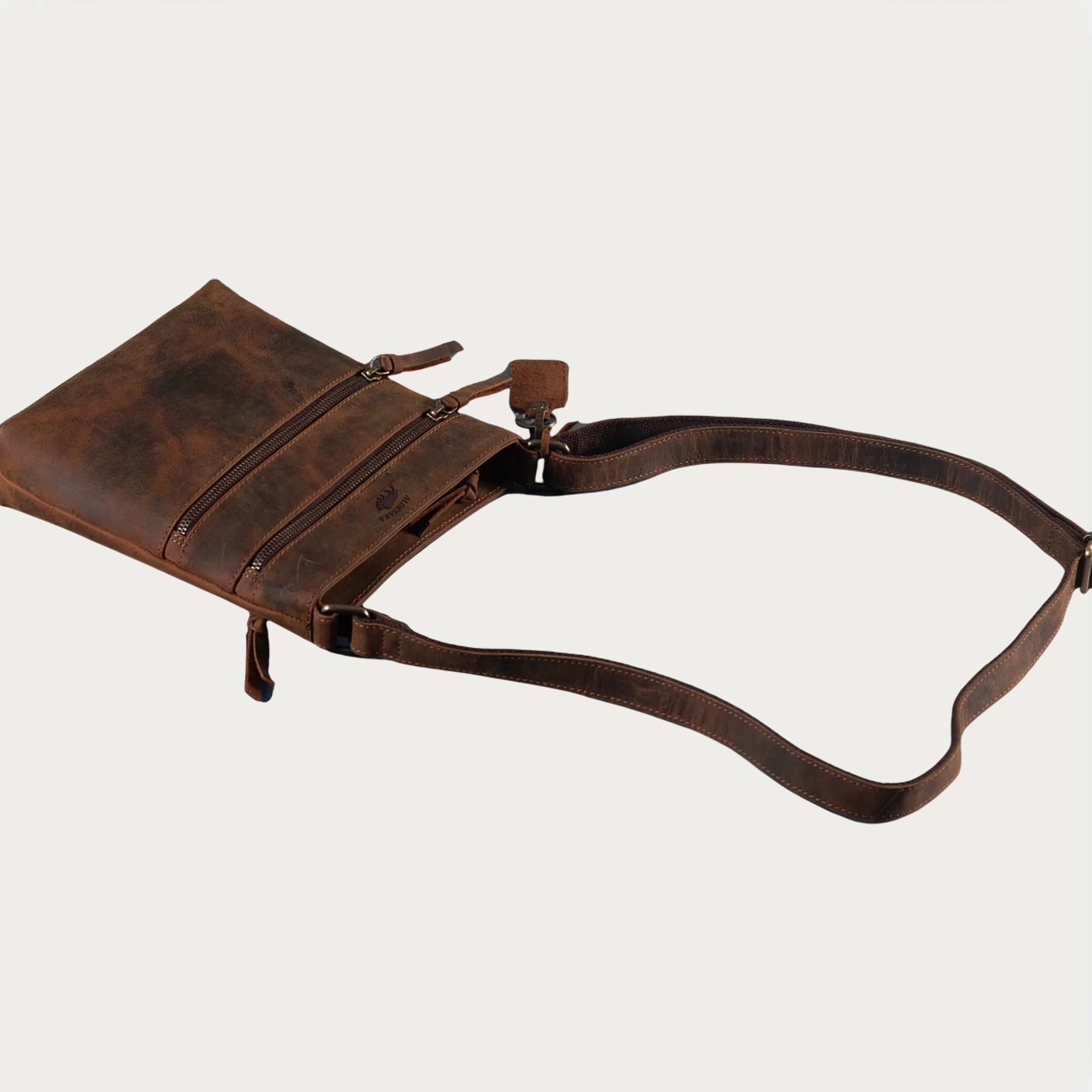 Distressed Leather Crossbody Bag – Full-Grain Unisex Everyday Sling with Dual Zipper Pockets (10" x 6" x 1")