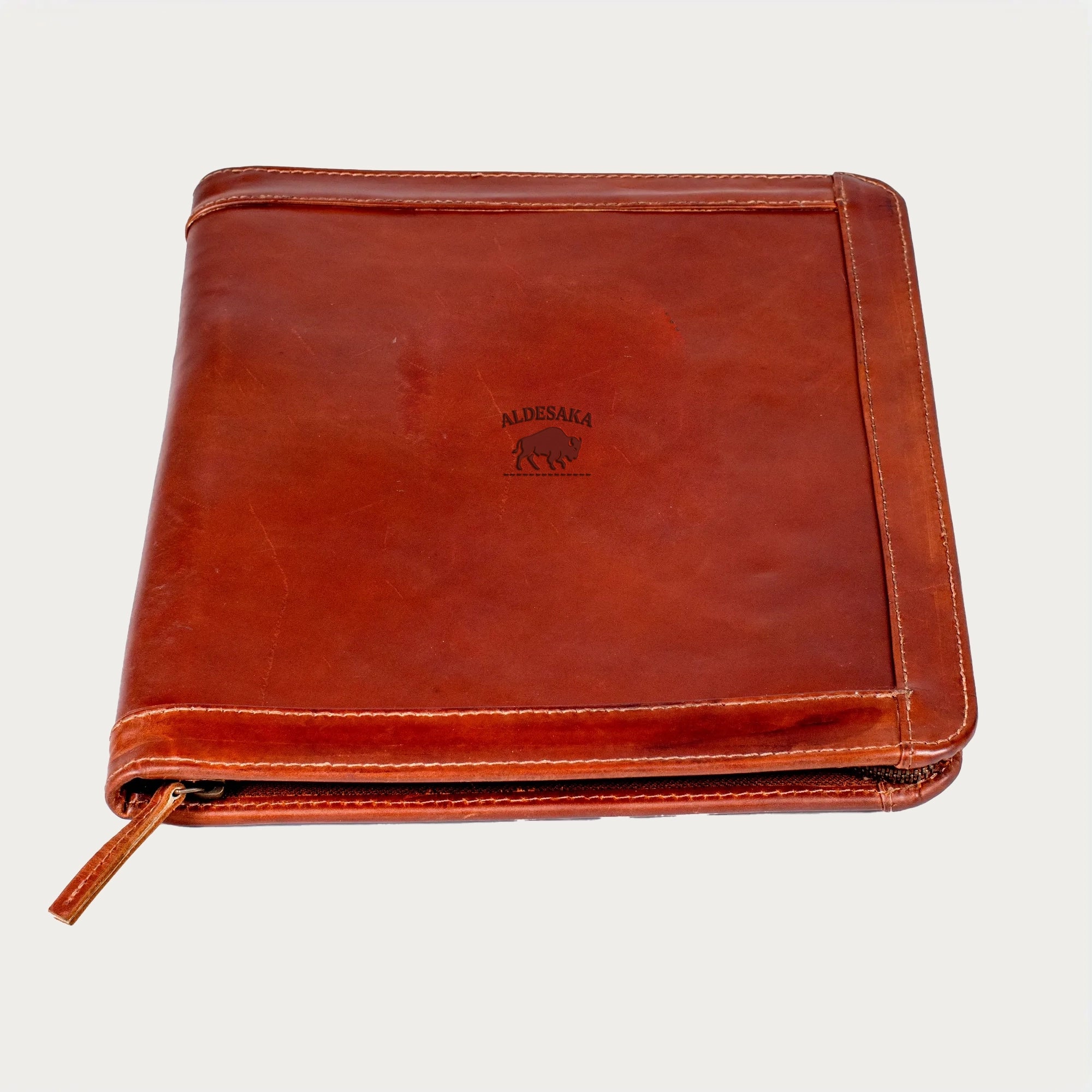 Full-Grain Leather Zip Portfolio – Handmade A4 A5 Document Holder with Pen & Card Slots – Professional Business Folder