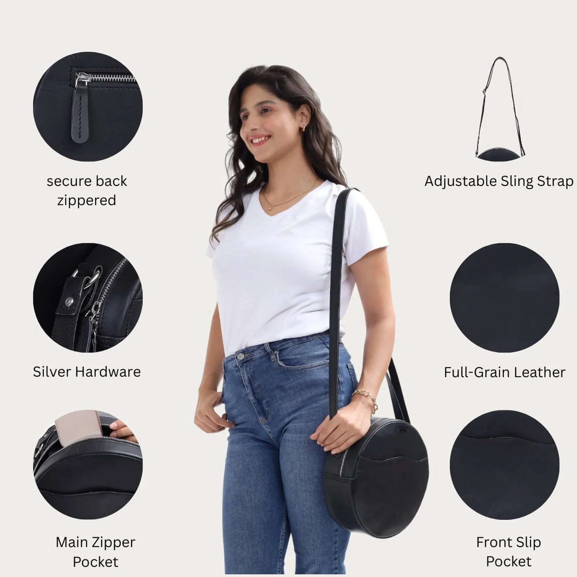 Round Black Leather Sling Bag – Full Grain Leather Crossbody Purse for Everyday Use (2 Sizes)