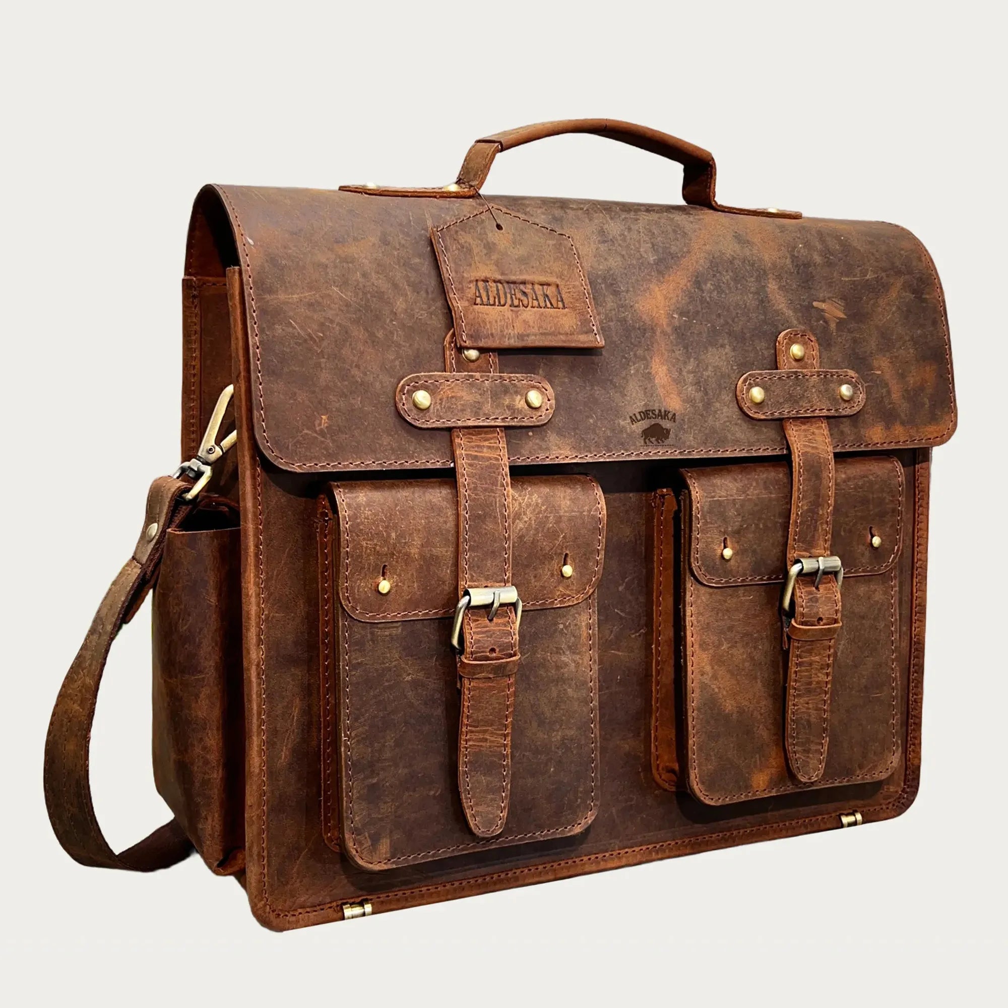 Distressed Leather Satchel Bag – Full-Grain Laptop Briefcase with Dual Buckle Pockets & Trolley Sleeve (14" / 16" / 18")