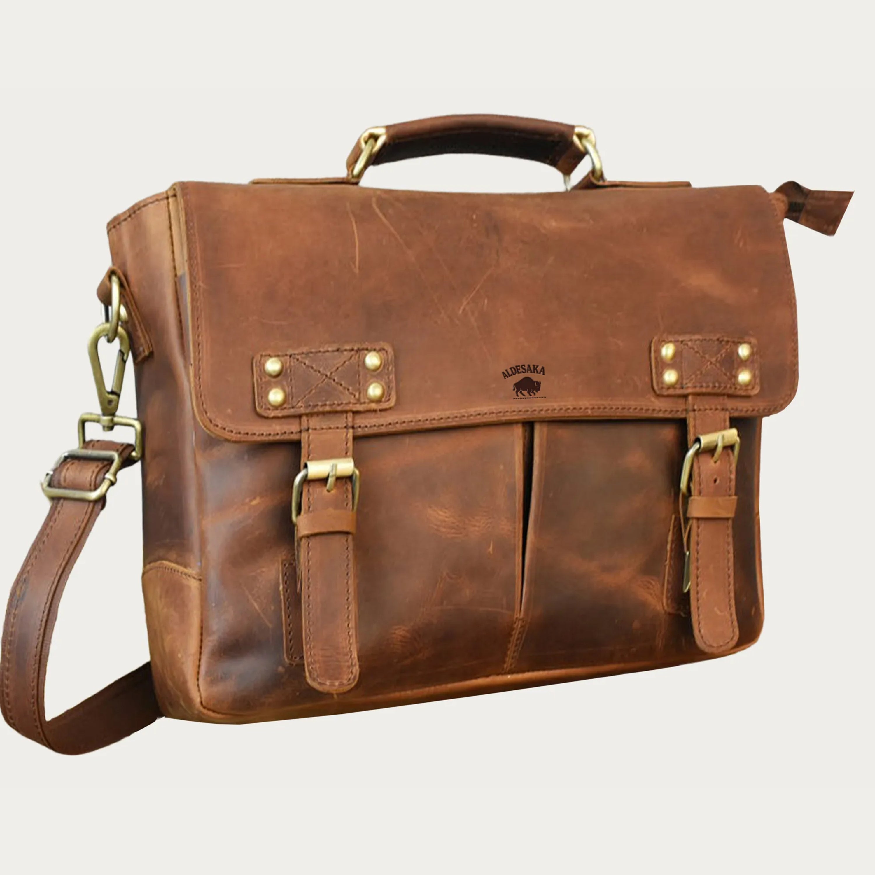 Distressed Full-Grain Leather Laptop Bag – Handmade Messenger Briefcase with Buckle Closure (14" / 16" / 18")